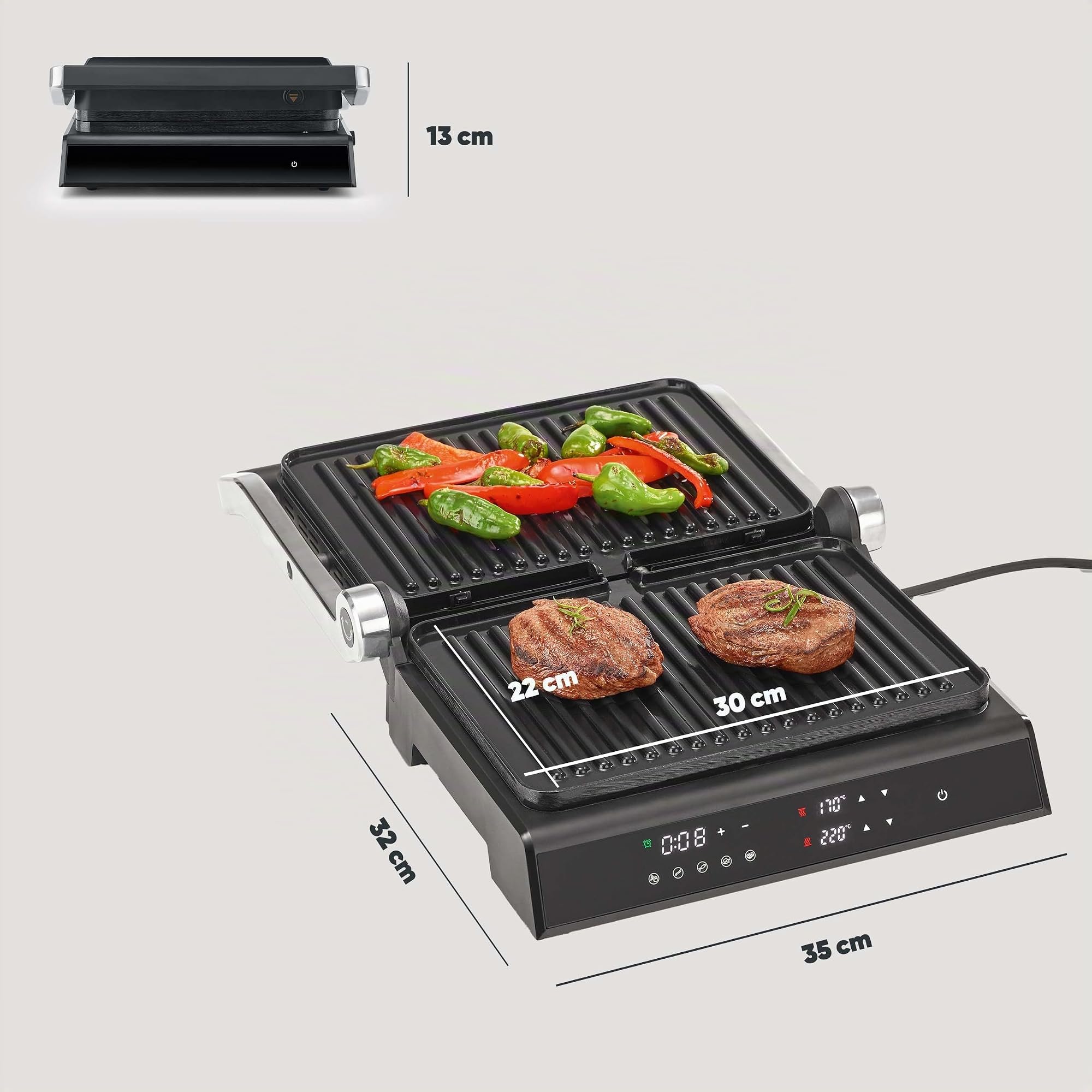 SEVERIN SEVINI Comfort per carne, pesce e verdura, macinino digitale per grigliare senza grassi con 5 programmi auto, rivestito in ceramica, per interni fino a 230 °C, 1800 W, nero, KG 2399