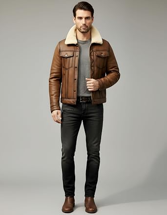 Mens Real Sheepskin Leather B3 Bomber Jacket, Brown Aviator Shearling Coat, Warm Winter Outerwear with Fur Collar