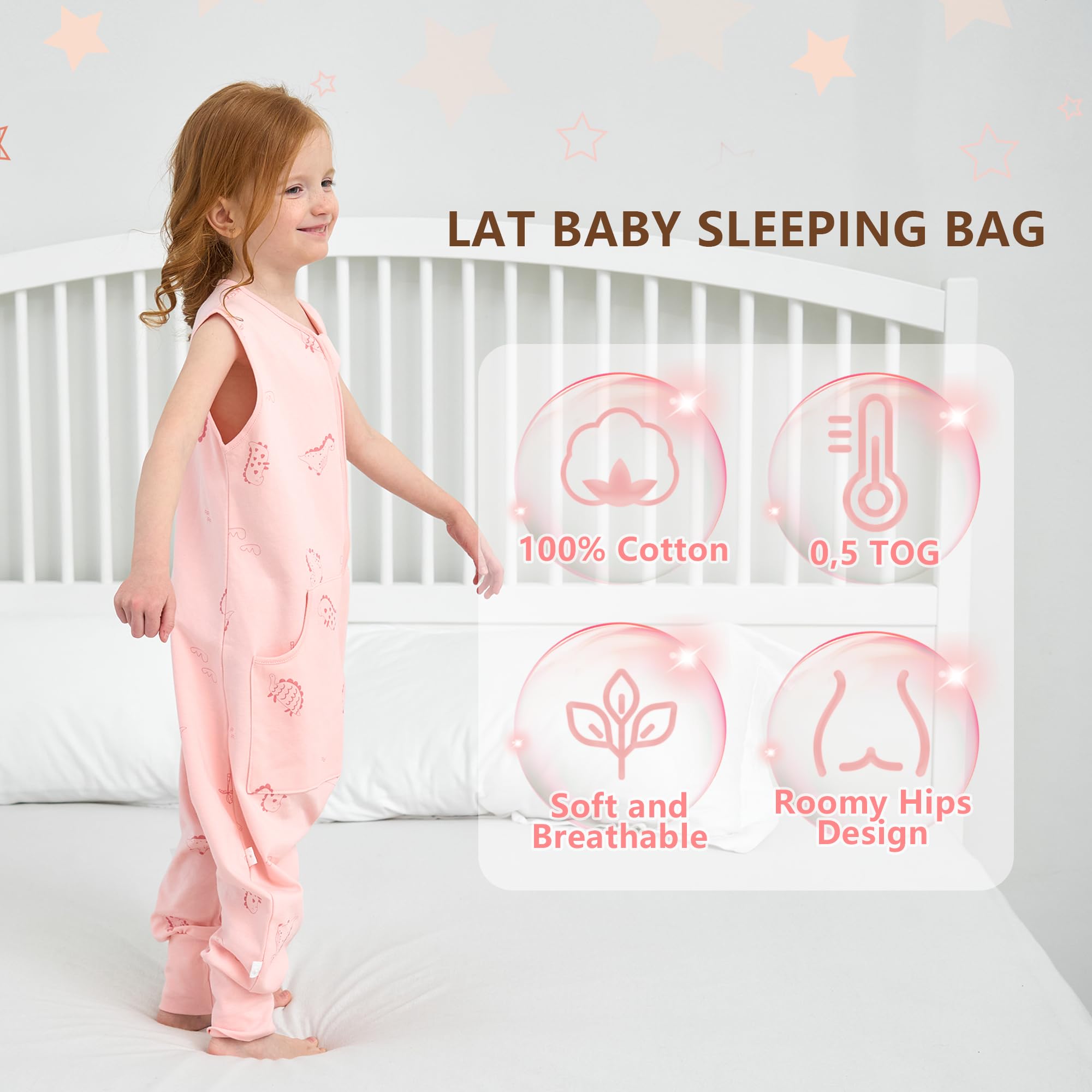 LAT Toddler Sleep Sack with Fee 0.5 Tog,Unisex Cotton Baby Sleeping Bag with Legs,All Season Sleeveless Sleep Sack with Pockets For Girls & Boys,100% Cotton,2-Way Zipper(Pink Dinosaur,1-2Years) - Image 2
