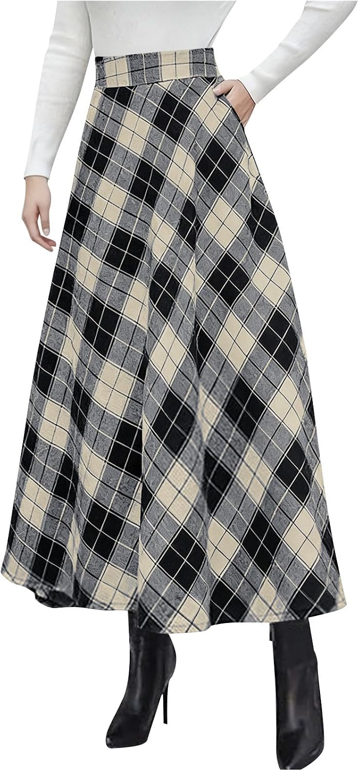 Women's Vintage Plaid Midi Skirt Plus Size High Waisted A Line Business Casual Spring Summer Long Skirt with Pocket