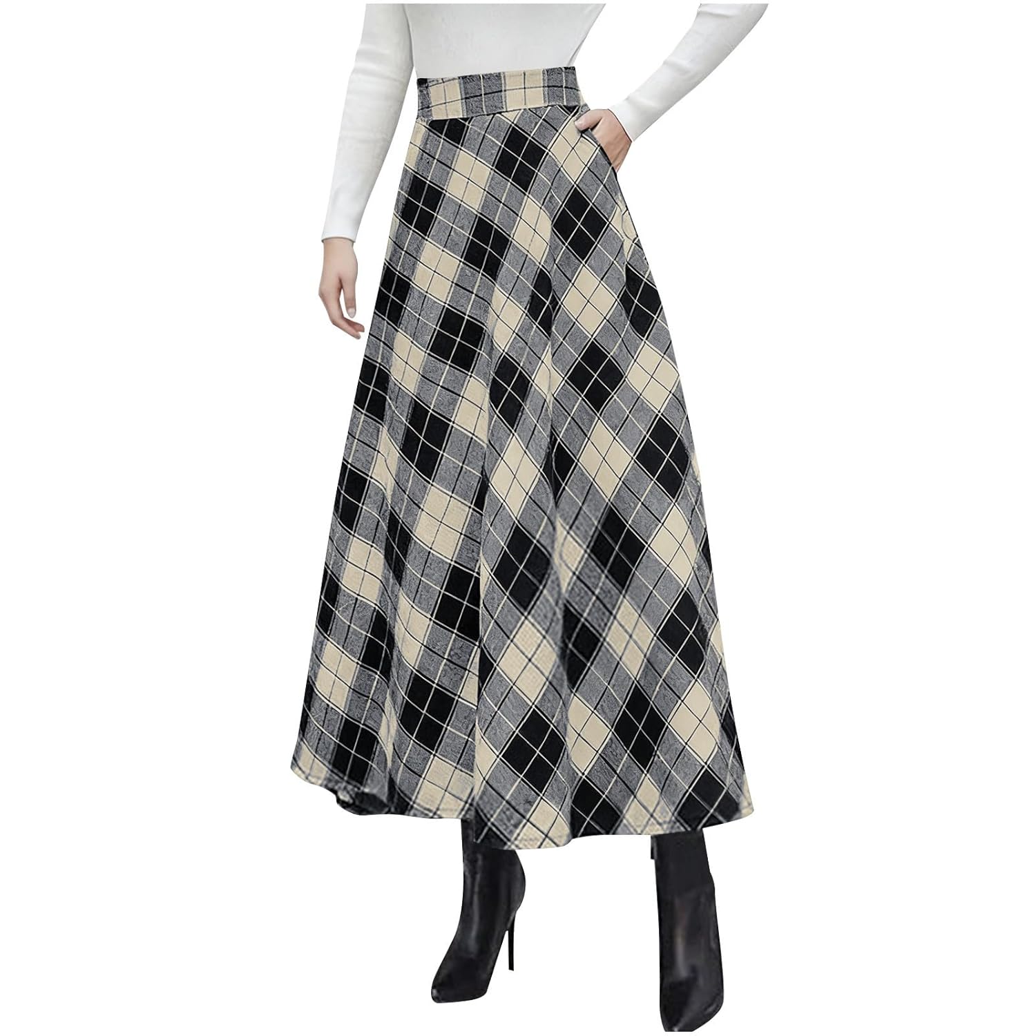 Womens Tartan Skirts Plus Size High Waisted A-Line Swing Skirts Fashion Loose Pleated Plaid Skirt with Pockets