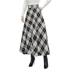 Womens Tartan Skirts Plus Size High Waisted A-Line Swing Skirts Fashion Loose Pleated Plaid Skirt with Pockets