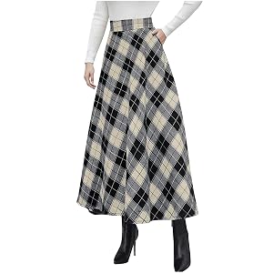 Womens Tartan Skirts Plus Size High Waisted A-Line Swing Skirts Fashion Loose Pleated Plaid Skirt with Pockets