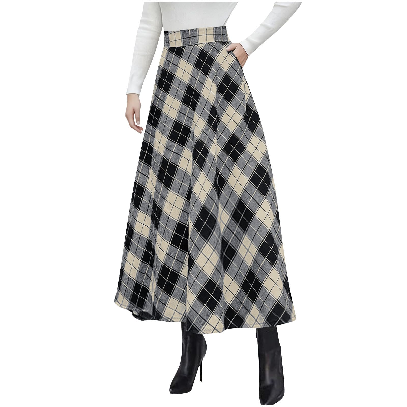Womens Tartan Skirts Plus Size High Waisted A-Line Swing Skirts Fashion Loose Pleated Plaid Skirt with Pockets