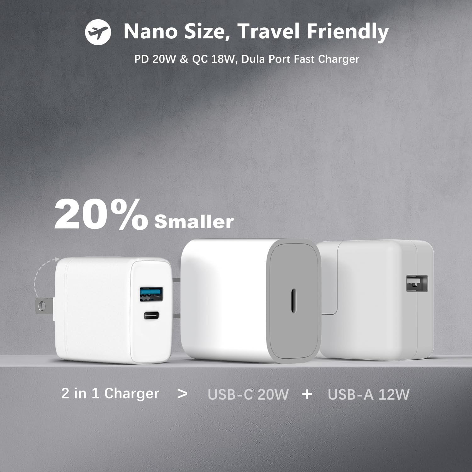 20W Dula Port USB C Fast Charger for iPad A16/10th Generation, iPad Pro 13/12.9/11 inch, iPad Air 13/11 inch/4/5th, iPad mini, iPhone, Foldable Compact Charger with 6.6FT USB C Charging Cable - Image 3