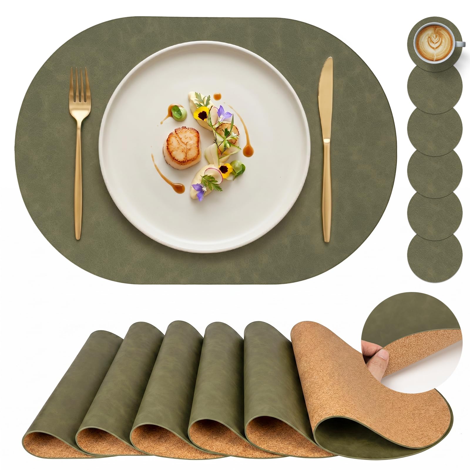 Photo 1 of Premium Oval Faux Leather Placemat & Coaster Set with Innovative Cork-Look Printed Base?4/6/8-Piece Sets & 8 Colors?Non-Slip Dining Table Mats for Kitchen Dining