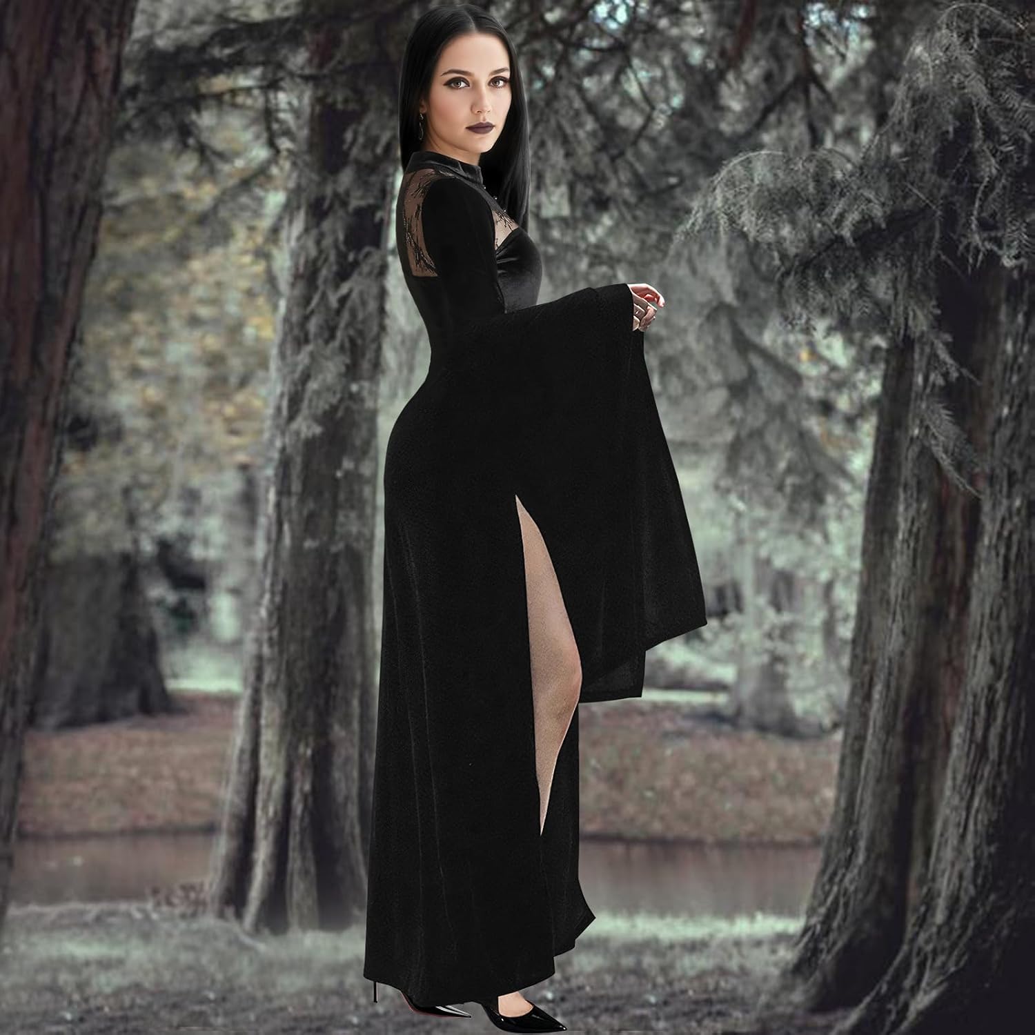 Halloween Costumes Women Long Flare Sleeve Gothic Dress Black Lace Split Goth Vintage Dress