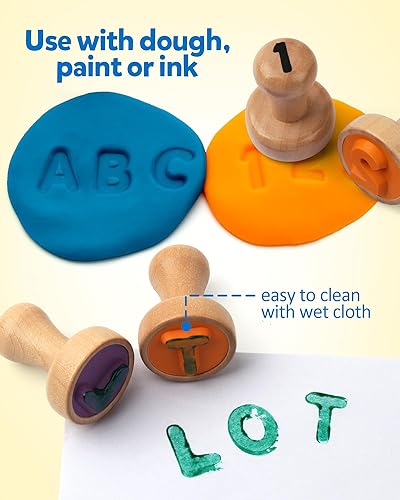 Miniatura 2 de Coogam Tarjeta de madera con sello de números del alfabeto, sellos de letras de ortografía ABC y matemáticas, sellos de números de aprendizaje para