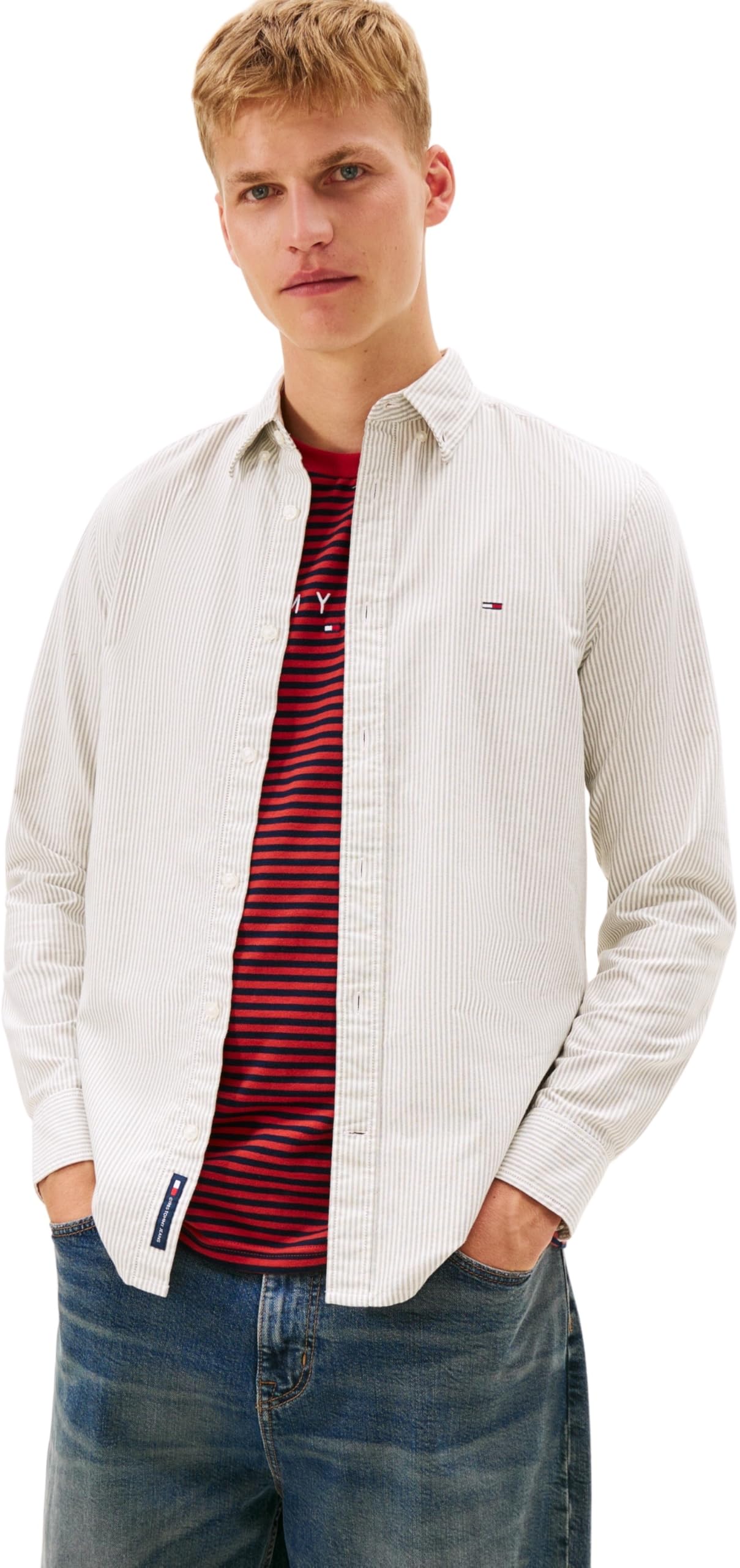 Tommy Jeans Men's TJM Slim Stripe Oxford Shirt EXT DM0DM20668 L/S Shirt, Green (Dark Greenery/Stripes), XL