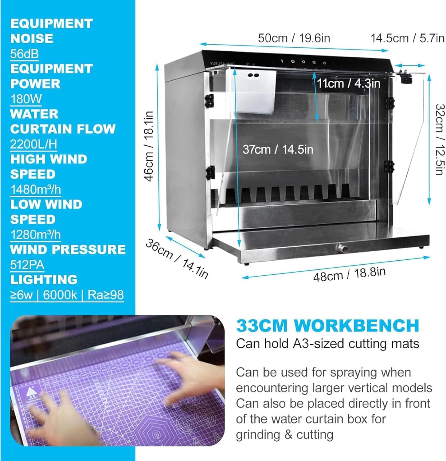 Kurtyna wodna Spray Booth z 3 światłami LED, Przegrodą pyłową, przepływem 2200 L/H, automatyczną pompą wody do malowania aerografem i projektów rzemieślniczych