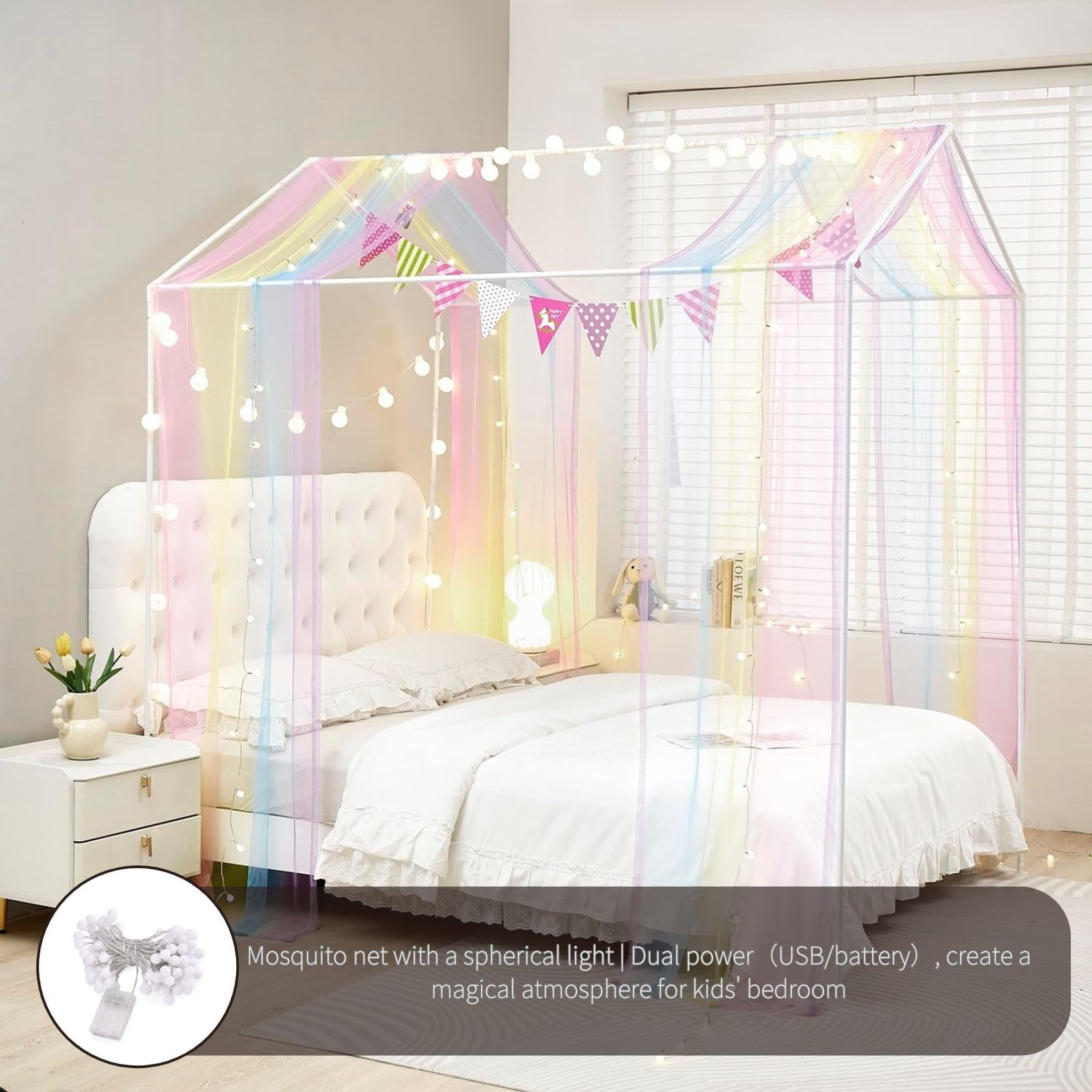 ZIQINPSQ House Bed Canopy Bed Curtains,2pcs Montessori Floor Bed Canopy for Girls Boys,Mosquito Net For Kids Wood Bed Frame,Bedroom Decorations (Rainbow) - Image 2