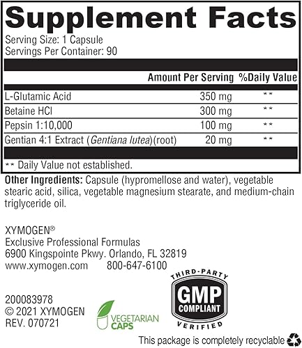 Miniatura 4 de XYMOGEN GastrAcid - Betaína HCl con pepsina, ácido L-glutámico + amargos digestivos de raíz de genciana para apoyar la digestión, absorción de