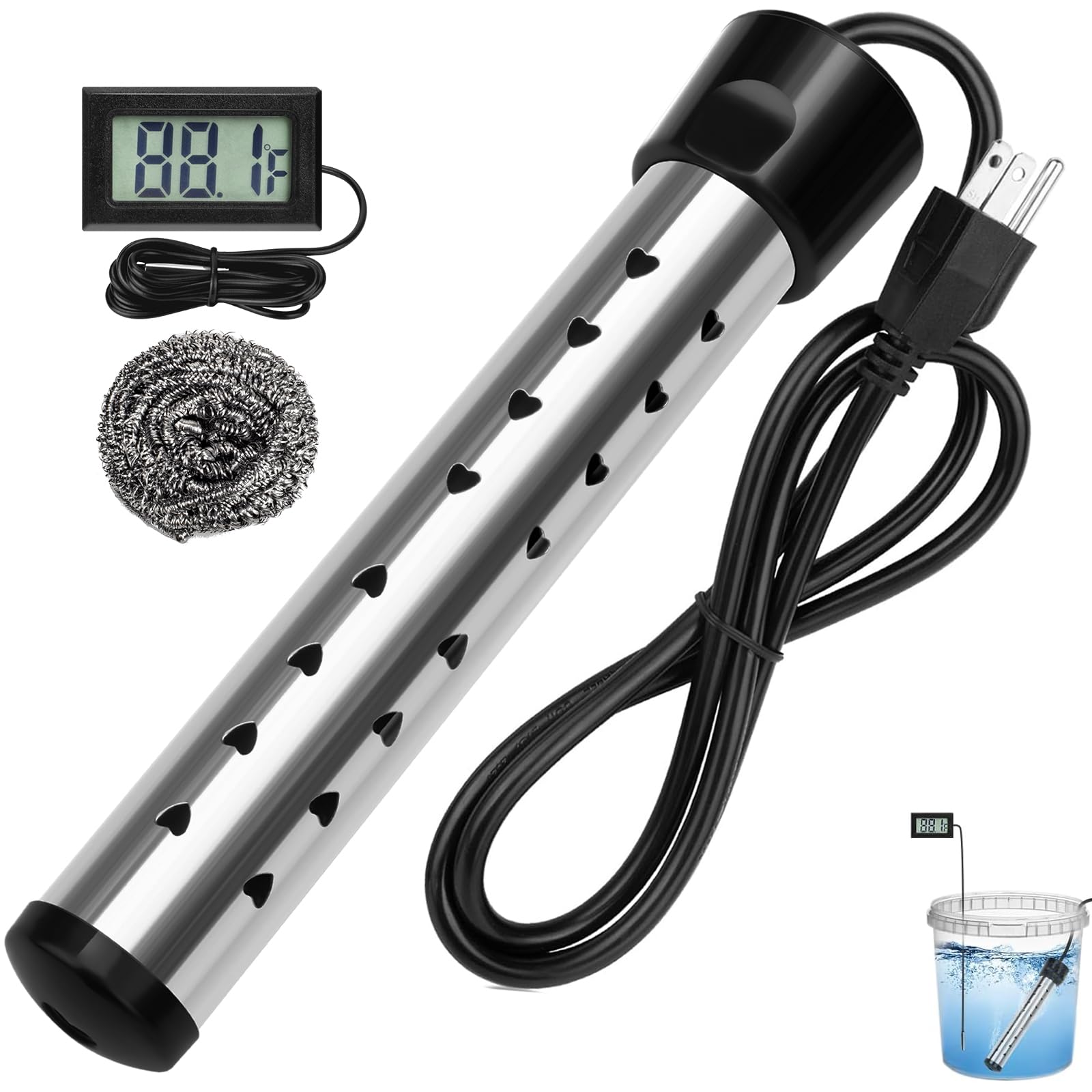 Photo 1 of 2000W Immersion Water Heater Electric, Fast Heating Portable Water Heater with 304 Stainless Steel, Bucket Heater with Digital LCD Thermometer for Home Camping Bath Pool Outdoor Use