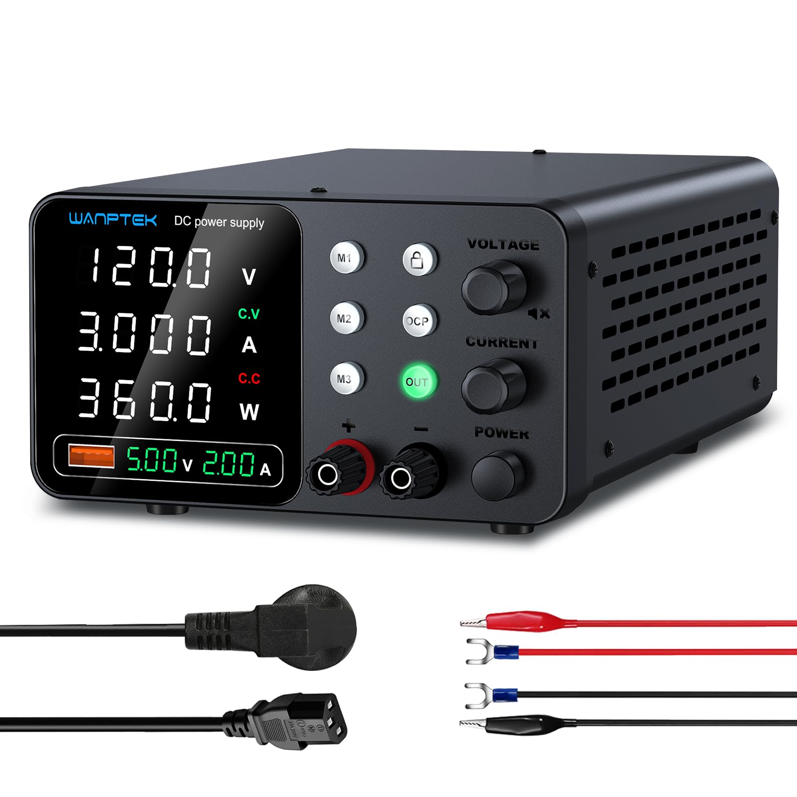 Alimentation de Laboratoire 120V 3A avec 3 Mémoires et clé de Verrouillage, Alimentation Stabilisée Réglable avec Protection OCP/Sorties/Charge Rapide USB/Affichage LED à 4 Chiffres