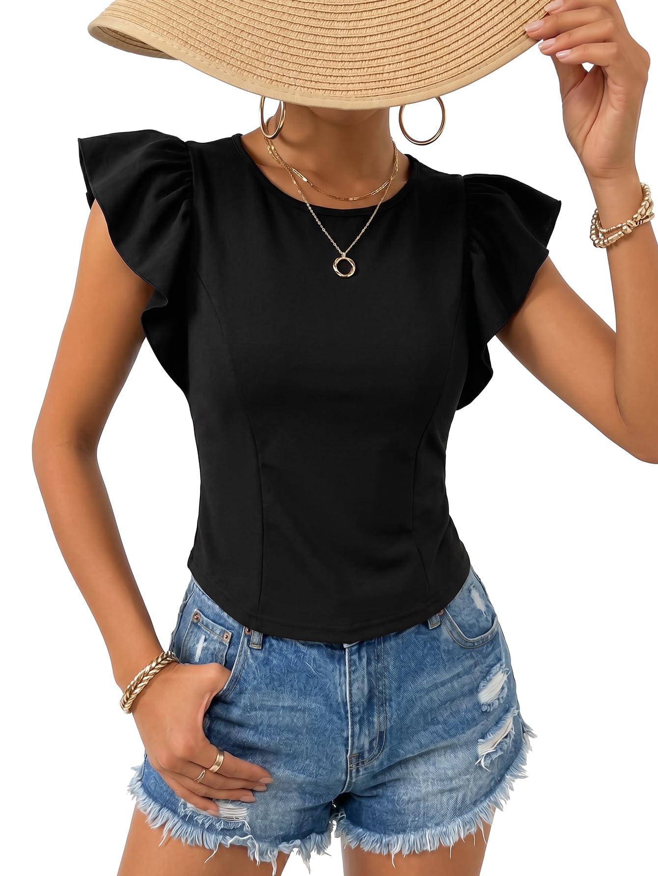 Vrtige Women's Ruffle Cap Sleeve Round Neck Slim Fit Dressy Casual Blouse Tops