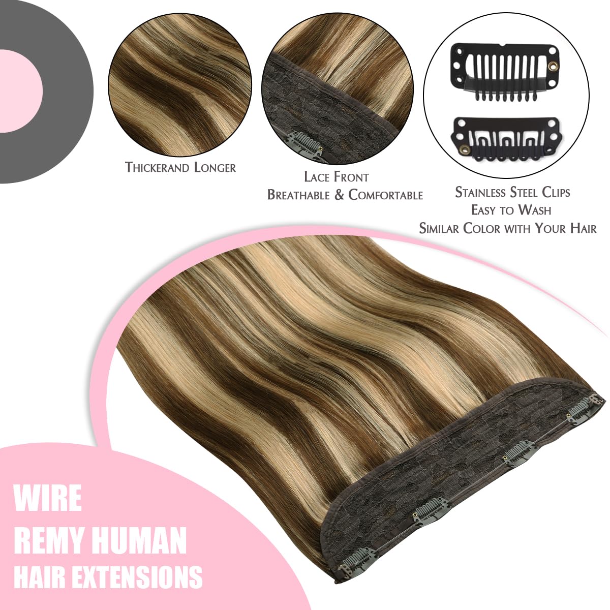 SURNEL Wire Hair Extension Invisible Fish Line Hair Extensions Human Hair Color 4 Medium Brown Highlighted 27 Caramel Blonde Wire Hair Extensions for Women 16 inch 65g(#4P27,16inch)