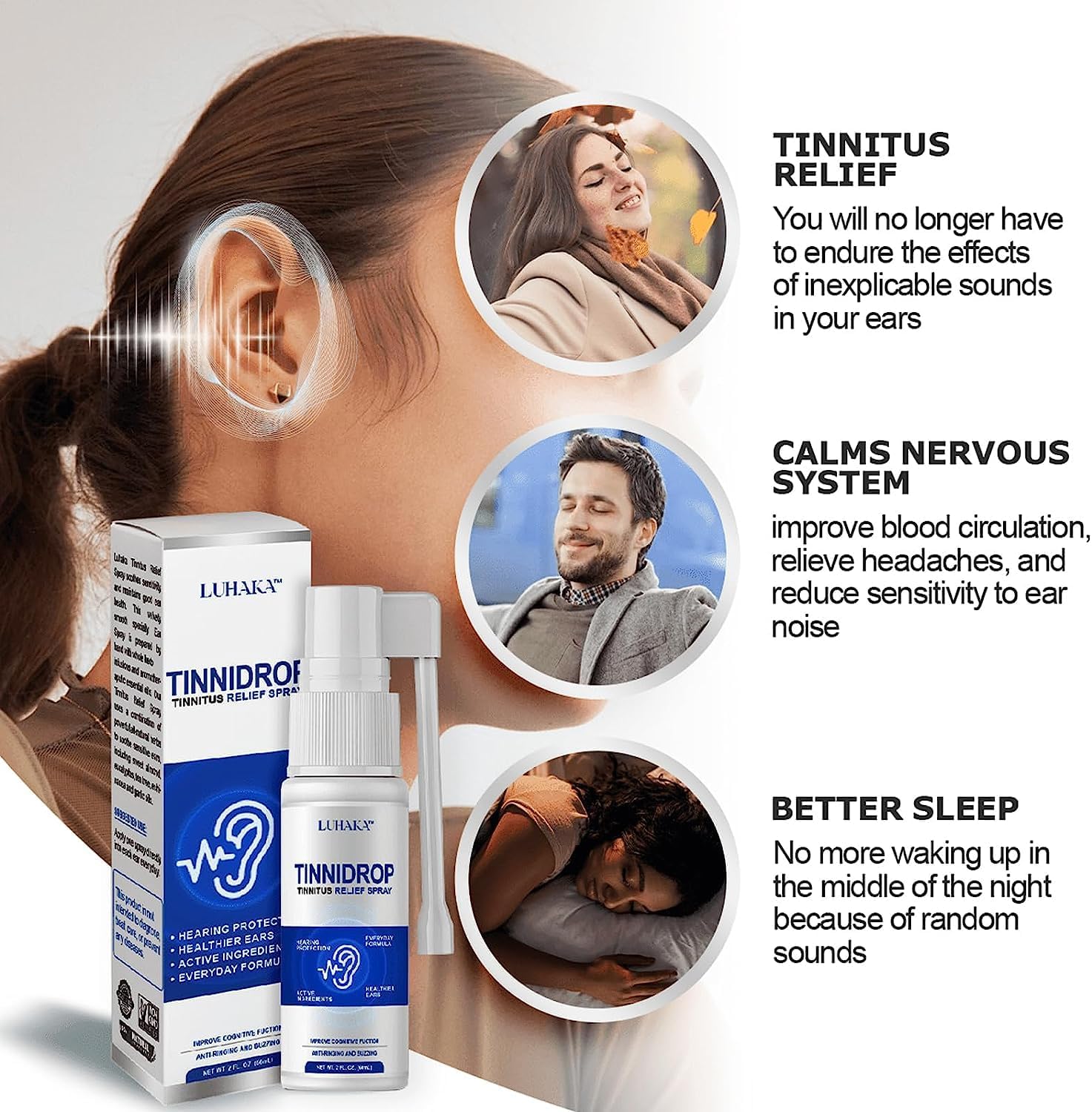 Luhaka Tinnidrop tinnitus relief spray ulga w uszach szumy uszne dyskomfort w uszach czyszczenie woskowiny w uszach spray do pielęgnacji