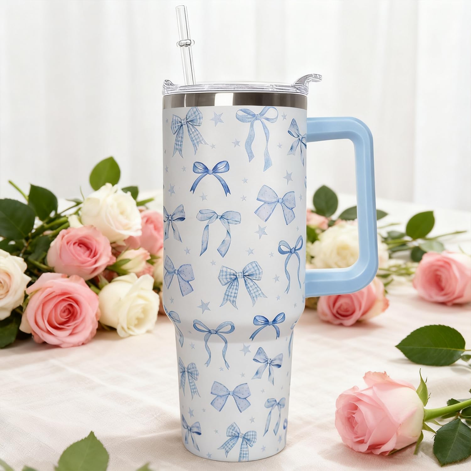 30 Oz Blue Bow Tumbler With Handle, Blue Bow Decor Coffee Travel Mug Cup Water Bottle, Gifts for Women Girls - Image 5