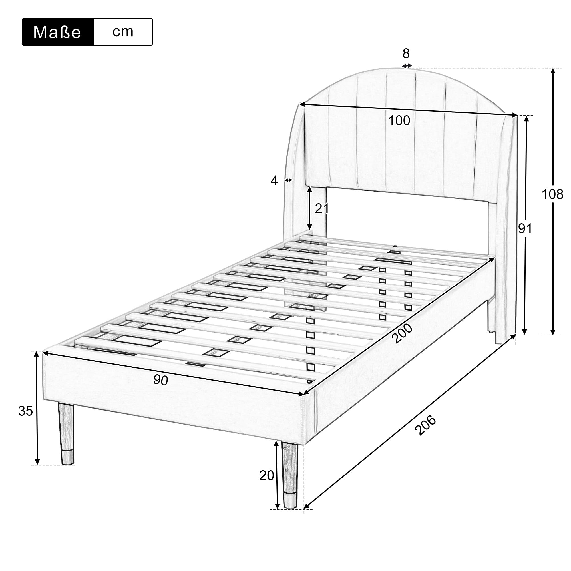 Soweiz Letto imbottito in velluto, 90 x 200 cm, con rete a doghe e testiera, letto singolo, supporto per doghe in legno, facile da montare (beige)