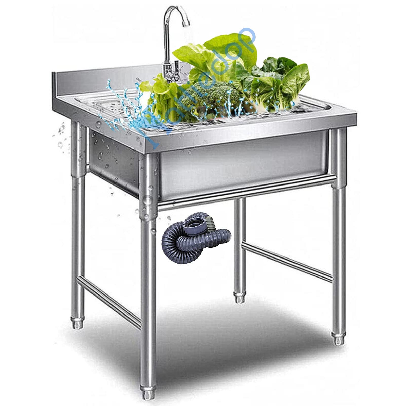 ZQFHSX 304 Stainless Steel Kitchen Sink with Faucet - 1 Compartment Commercial Utility Tap and Drain for Restaurant, Laundry, Garage & Backyard