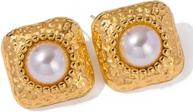 Vintage Gold & Pearl Stud Statement Earrings With Textured Details