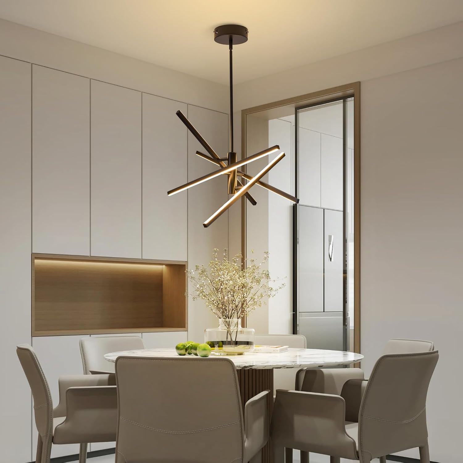 Modern Black Chandelier Light Fixtures: LED 4-Light Sputnik Dining Room Chandeliers Linear Pendant Lights Fixture Over Table Dimmable with Remote for Kitchen Island Living Room