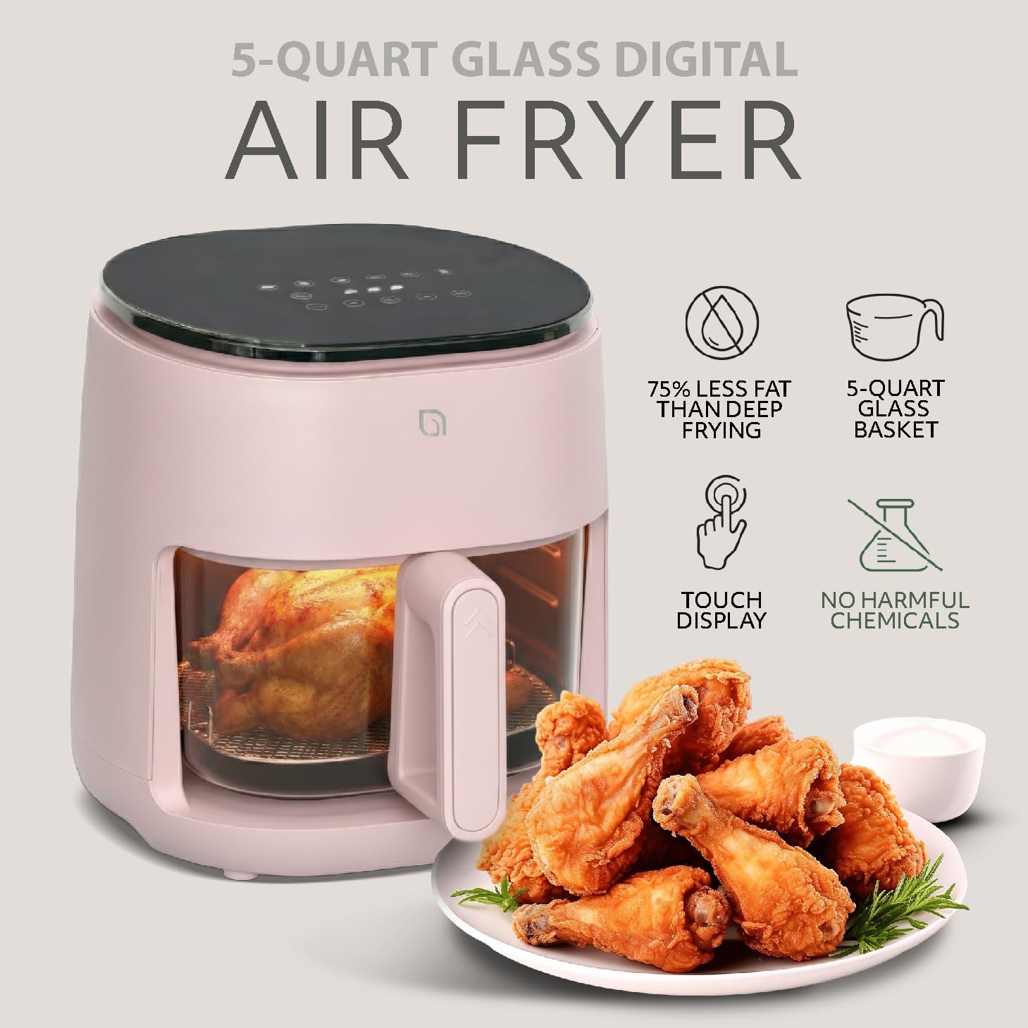 WILLOW Eco Series 6 in 1 Air Fryer with Glass Basket, 5 Quart Non Toxic Air Fryer w Digital Display, 430°F Max Temp, Preheat & Keep Warm Function, Compact + Dishwasher Safe Glass Airfryer - Pink image 2