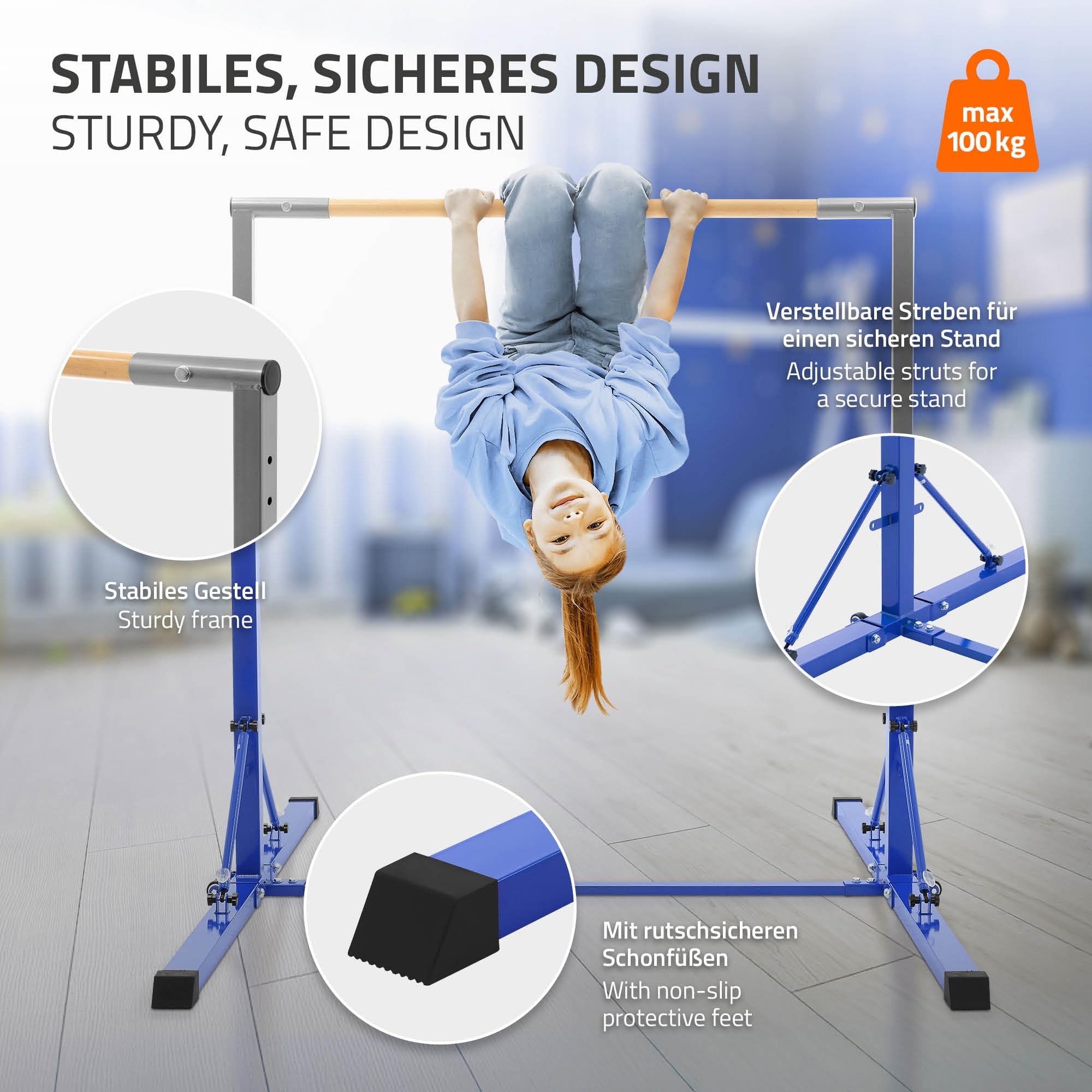 Hauki Barra de Gimnasia Artística Horizontal para Niños Azul/Púrpura Equipo Entrenamiento Infantil Plegable Base Estable Altura Regulable 95,5-150cm Madera/Acero Ejercicios en Casa Interior/Exterior