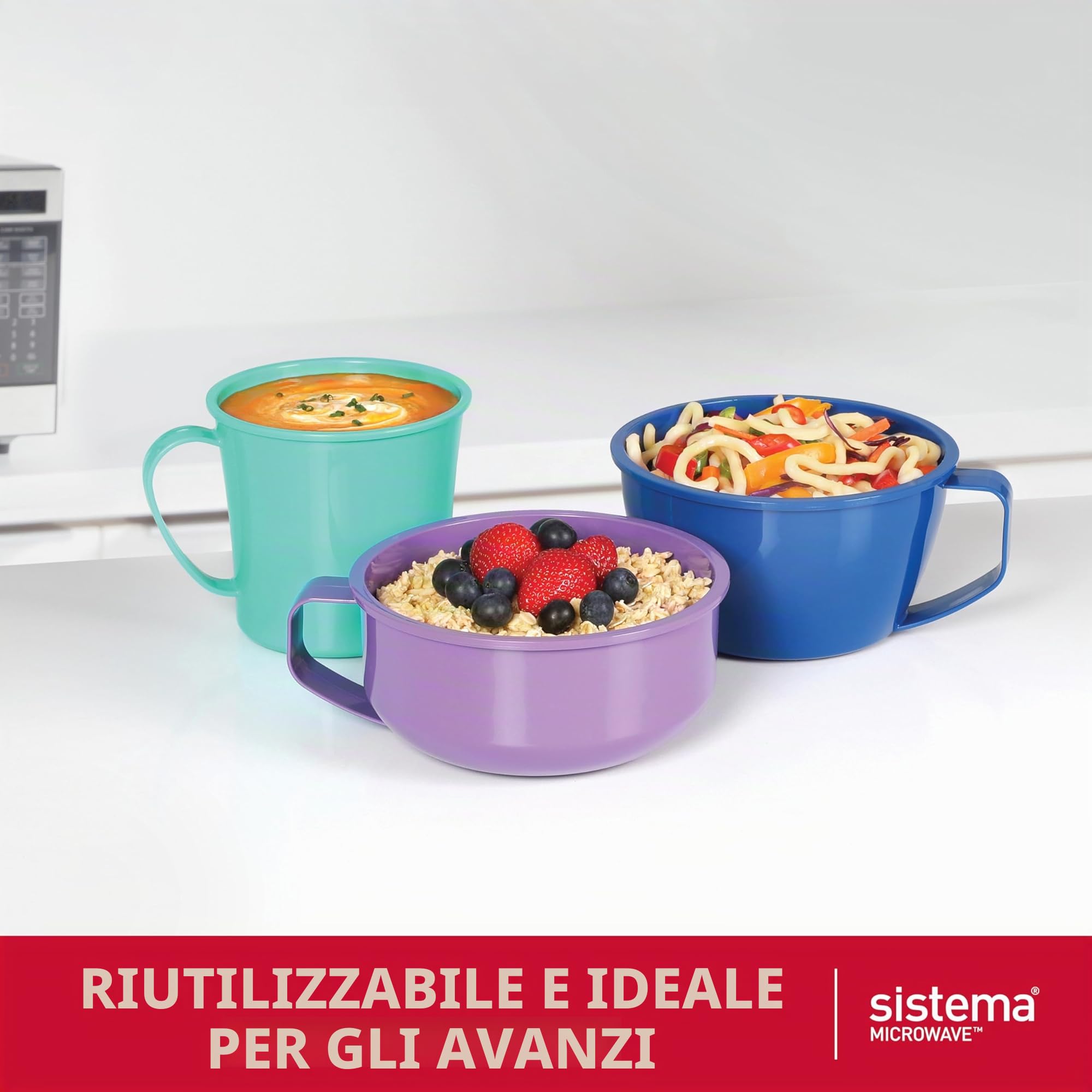Sistema Contenitori per Microonde | Tazza per Zuppa, Ciotola per Porridge e Ciotola per Noodles | Contenitori per Alimenti per Microonde con Valvole di Rilascio del Vapore | Confezione da 3
