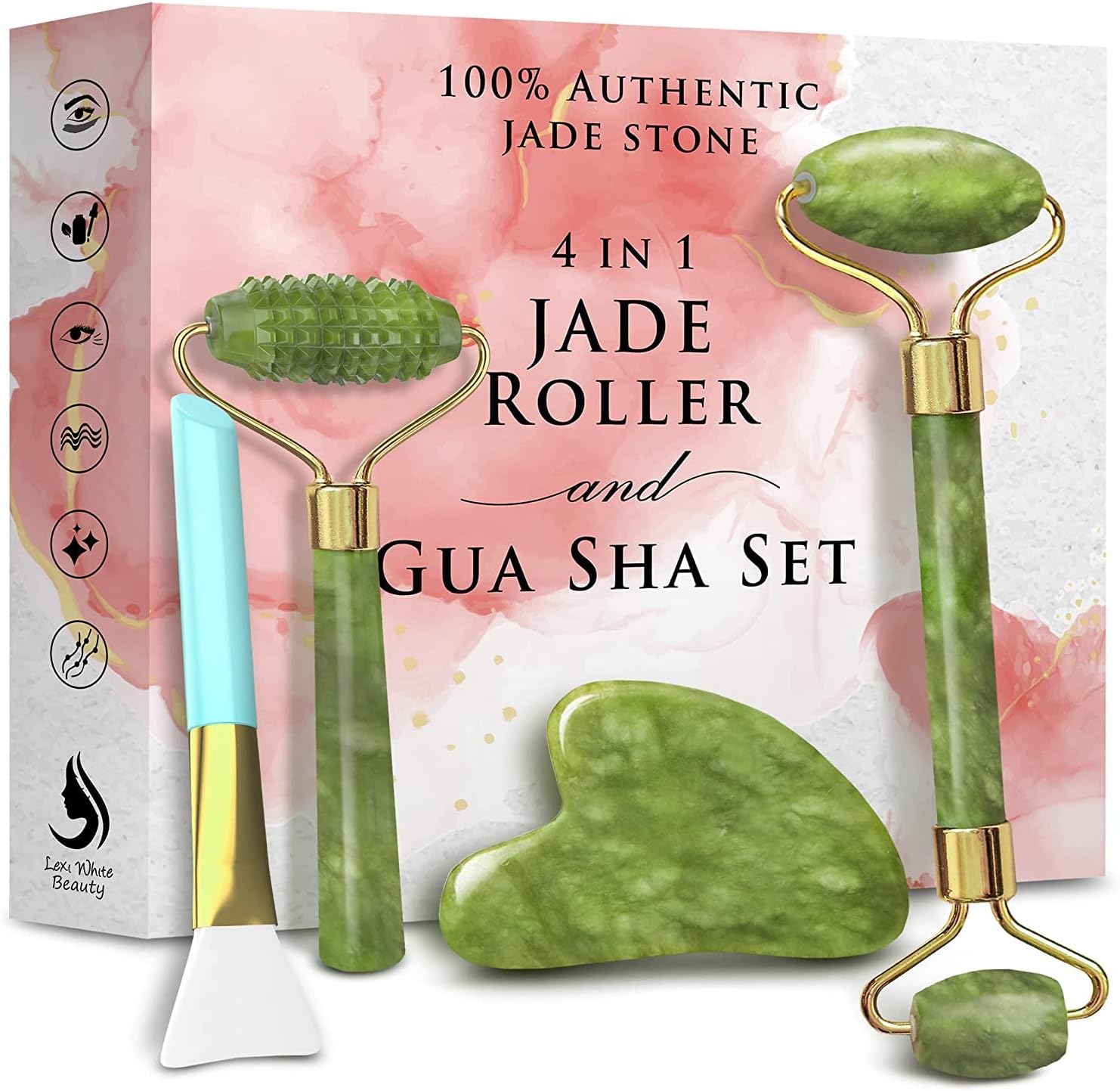Jade Roller and Gua Sha Set for Face | 100% Authentic Natural Jade Gua Sha 4 in 1 Face Roller | Premium Skincare, Original Gua Sha Facial Tools, GuaSha Face Massager Guasha Tool for Face