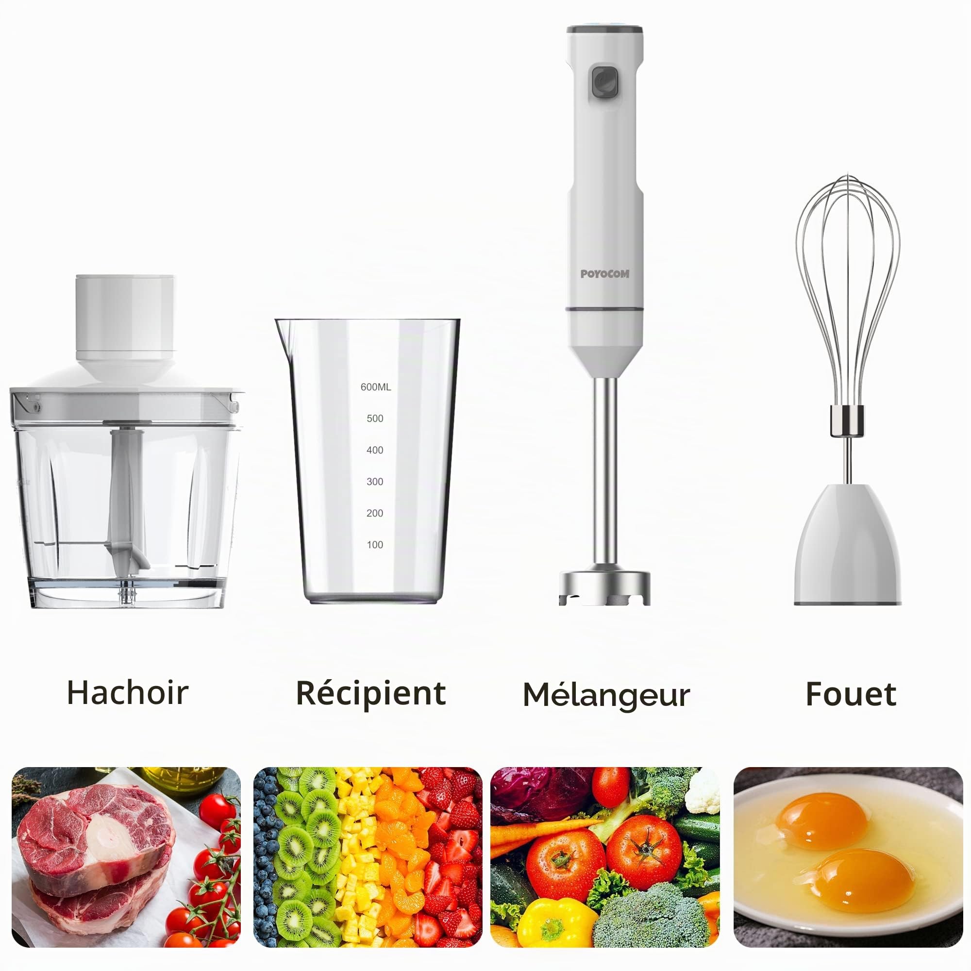 Mixeur plongeant sans fil, mixeur à immersion rechargeable, avec câble de type C, fouet à œufs, hachoir de 500 ml, récipient de 600 ml pour smoothies, milkshakes, sauces et soupes – Blanc