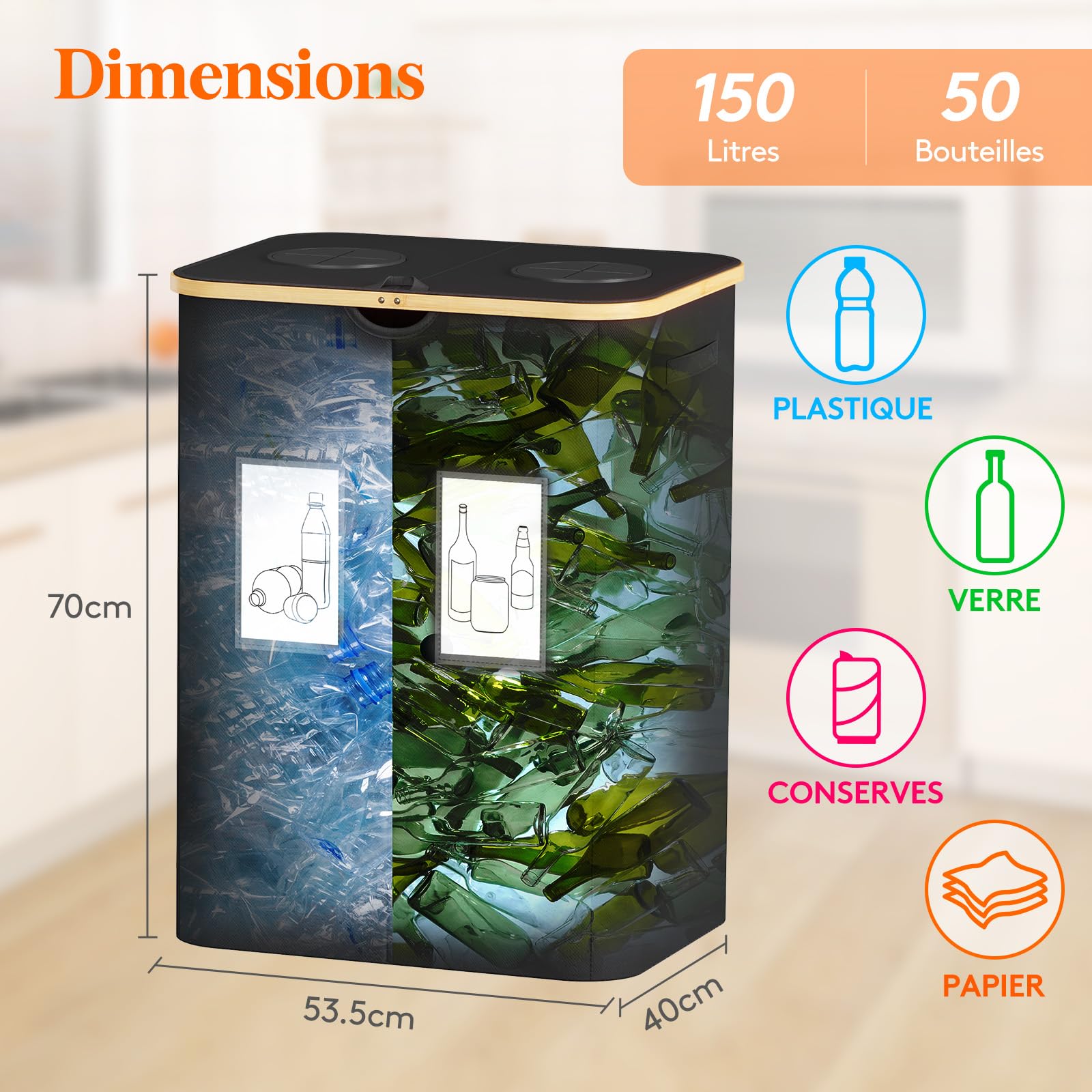 Lifewit Collecteur de Bouteilles avec Couvercle 2 Compartiment, Poubelle Tri Selectif pour Plastique, Bouteilles Verre, Poubelle Exterieur de Recyclage avec Trou, Cuisine Rangement, 150L, Noir