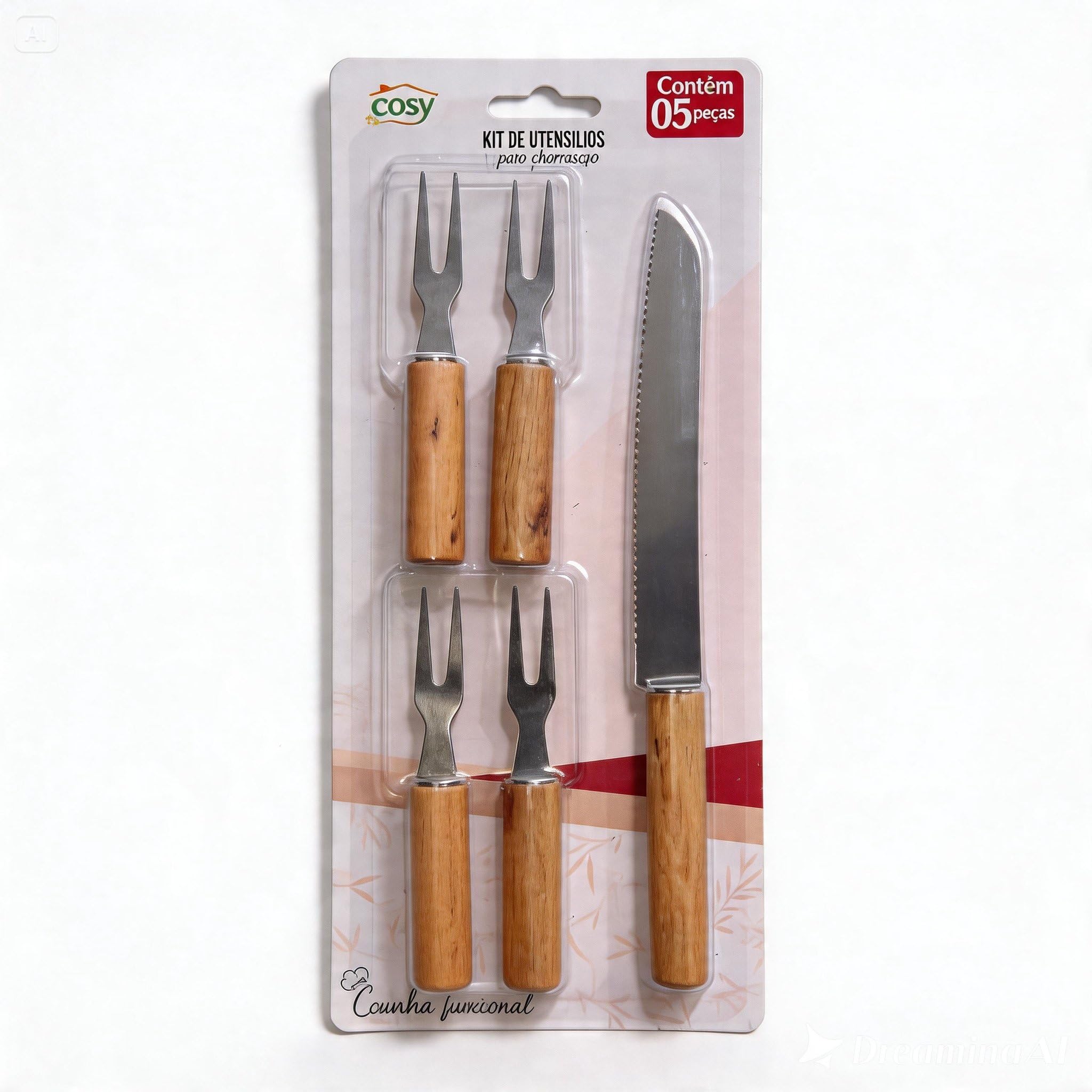 Kit Utensílios para Petisco com 4 Garfos e 1 Faca Serrilhada em Aço Inoxidável com Cabo
