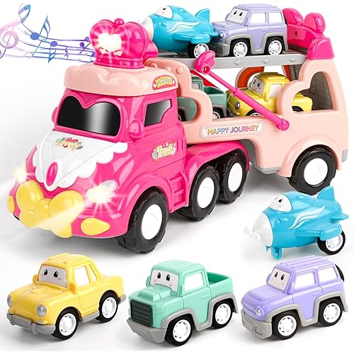 5 in 1 Carrier Truck Toys for Toddlers Ages 1-6, With Music & Lights - Pink Birthday Gifts for Girls