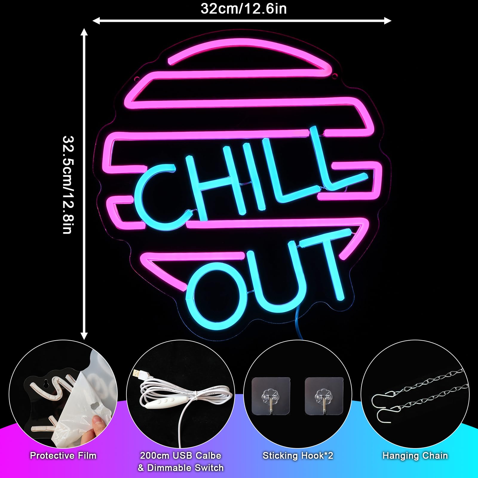 Chill Out Segno al neon Blu Rosa Segno al neon per la decorazione della parete Luce al neon USB Led Segno per la casa Zona di gioco Soggiorno Camera da letto Uomo Caverna Bar Caffè Partito