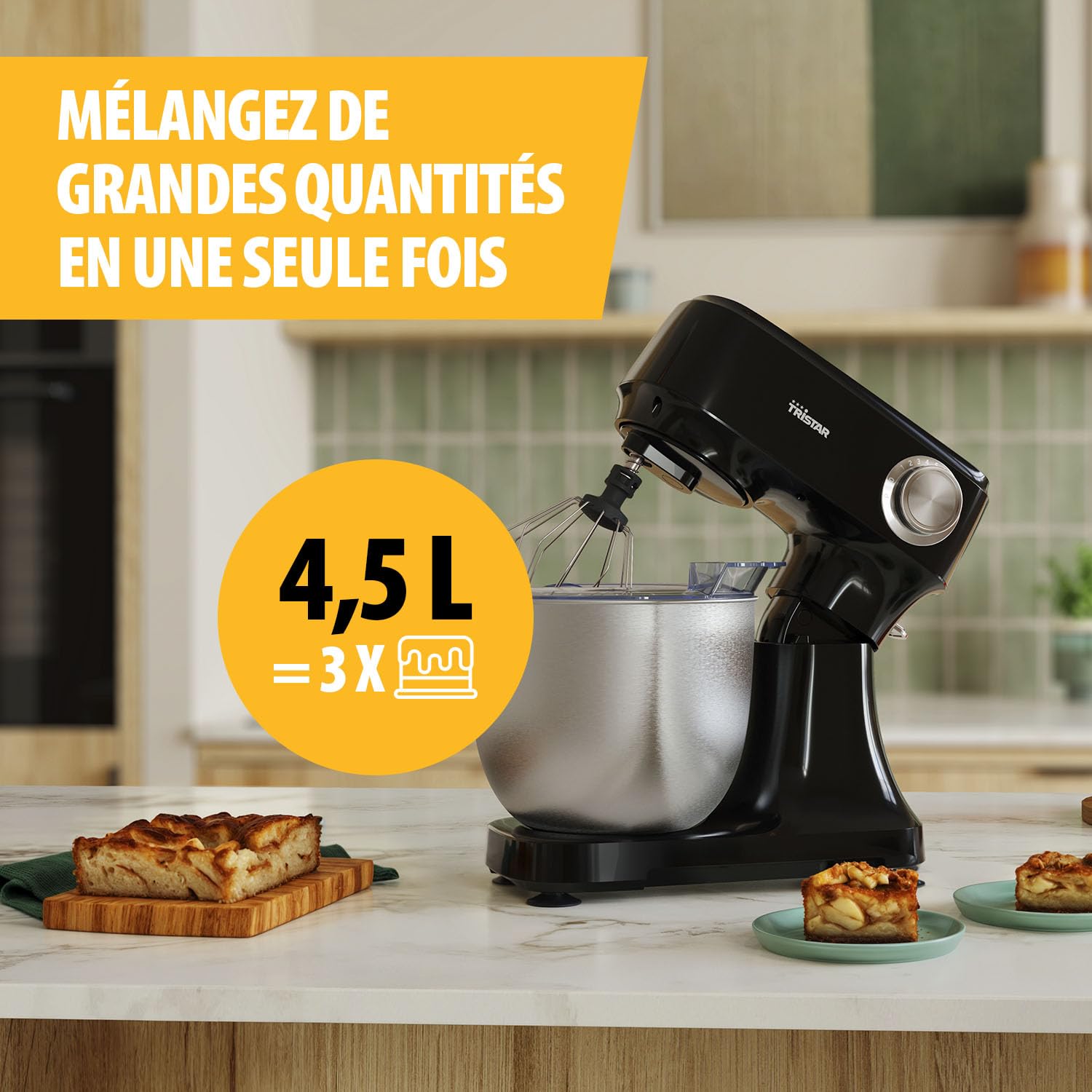 Robot Pâtissier Tristar avec Bol en Acier Inoxydable de 4,5 L, Puissance 800 W, 12 Vitesses avec Fonction Pulse, Tête Inclinable, Couvercle Anti-Éclaboussures, MX-4870