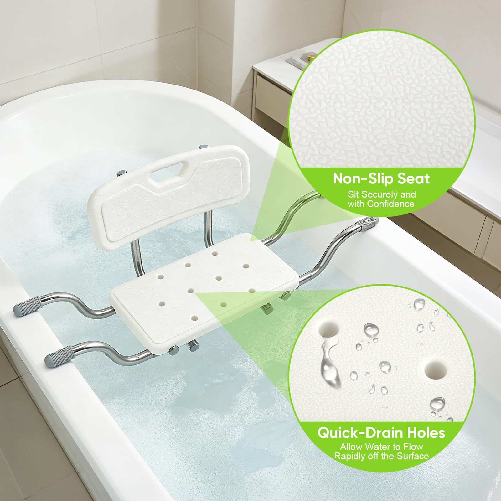 Sedile per vasca da bagno per anziani con schienale, regolabile (77 – 87 cm), portata fino a 150 kg, piedini in gomma antiscivolo e maniglie, senza attrezzi, colore: bianco