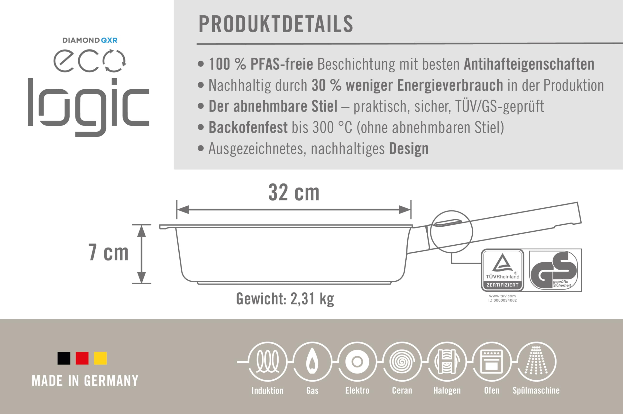 Woll Eco Logic QXR - Padella a bordo alto, induttiva, diametro 32 cm, altezza 7 cm, con manico rimovibile, adatta per tutti i piani cottura, senza PFAS, rivestimento antiaderente, in alluminio