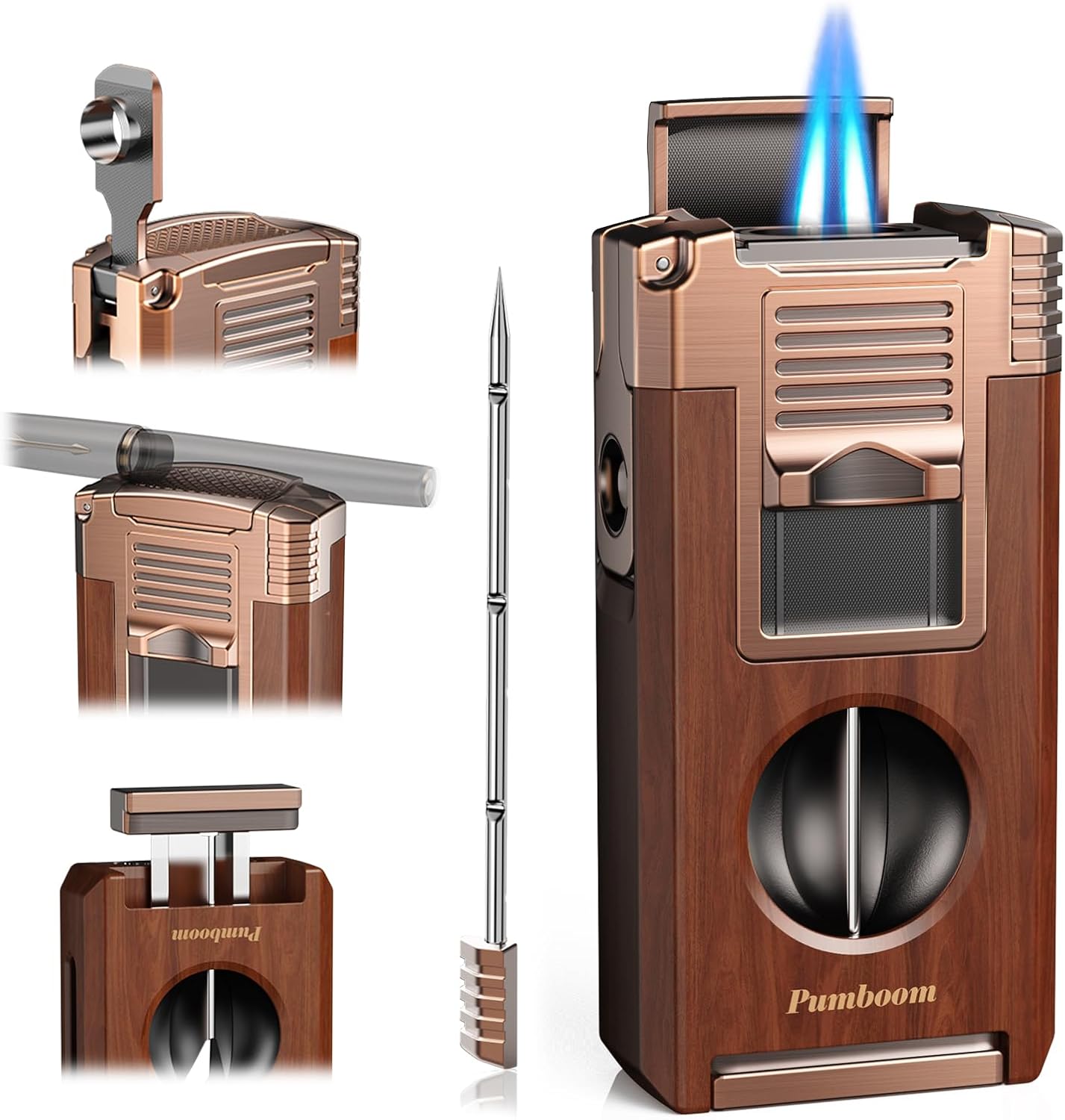 Torch Lighter with Cutter, Punch, Holder, Draw Enhancer Tool, and Dual Windproof Jet Flames, Refillable Butane Lighters with Gift Box, Multi-Function Lighter Accessories, Cool Lighters for Men