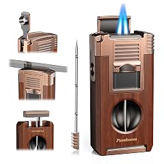 Torch Lighter with Cutter Punch Holder Draw Enhancer Tool and Dual Windproof Jet Flames Refillable Butane Lighters with