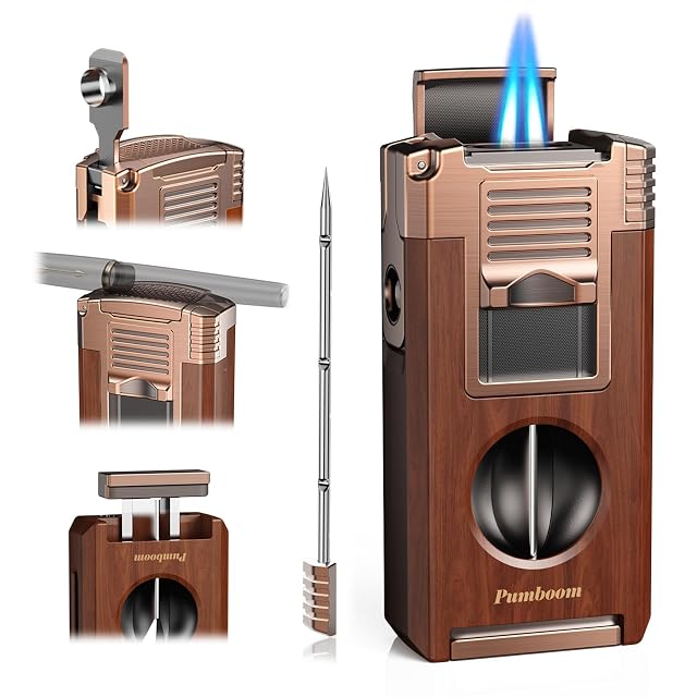 Torch Lighter with Cutter Punch Holder Draw Enhancer Tool and Dual Windproof Jet Flames Refillable Butane Lighters with