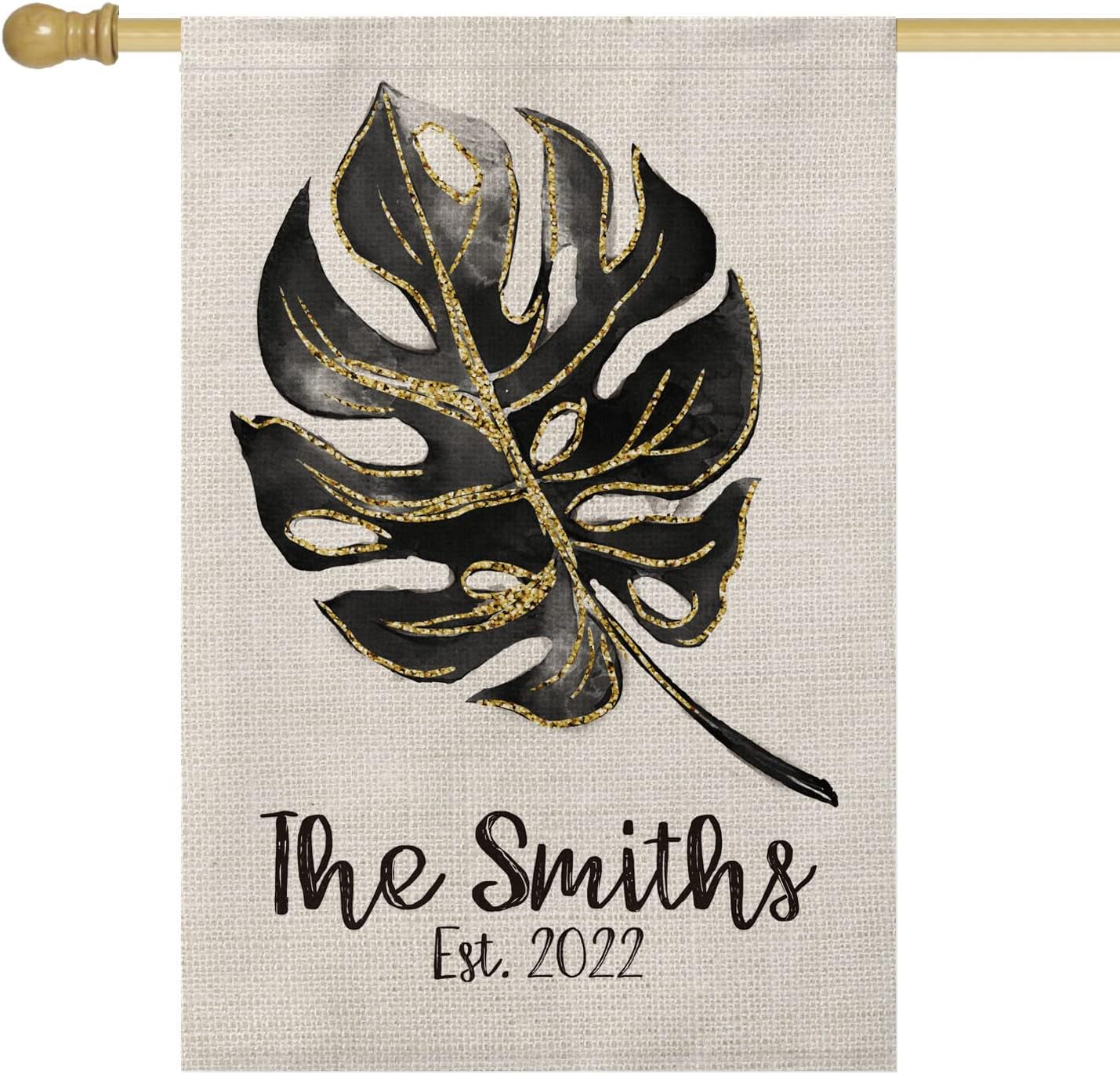 Smile Personalized Summer Spring House Flag, Customized Family Last Name and Established Year Golden Leaf, Double Sided 28 x 40 Inch Rustic Farmhouse Burlap Yard Outdoor Decoration…