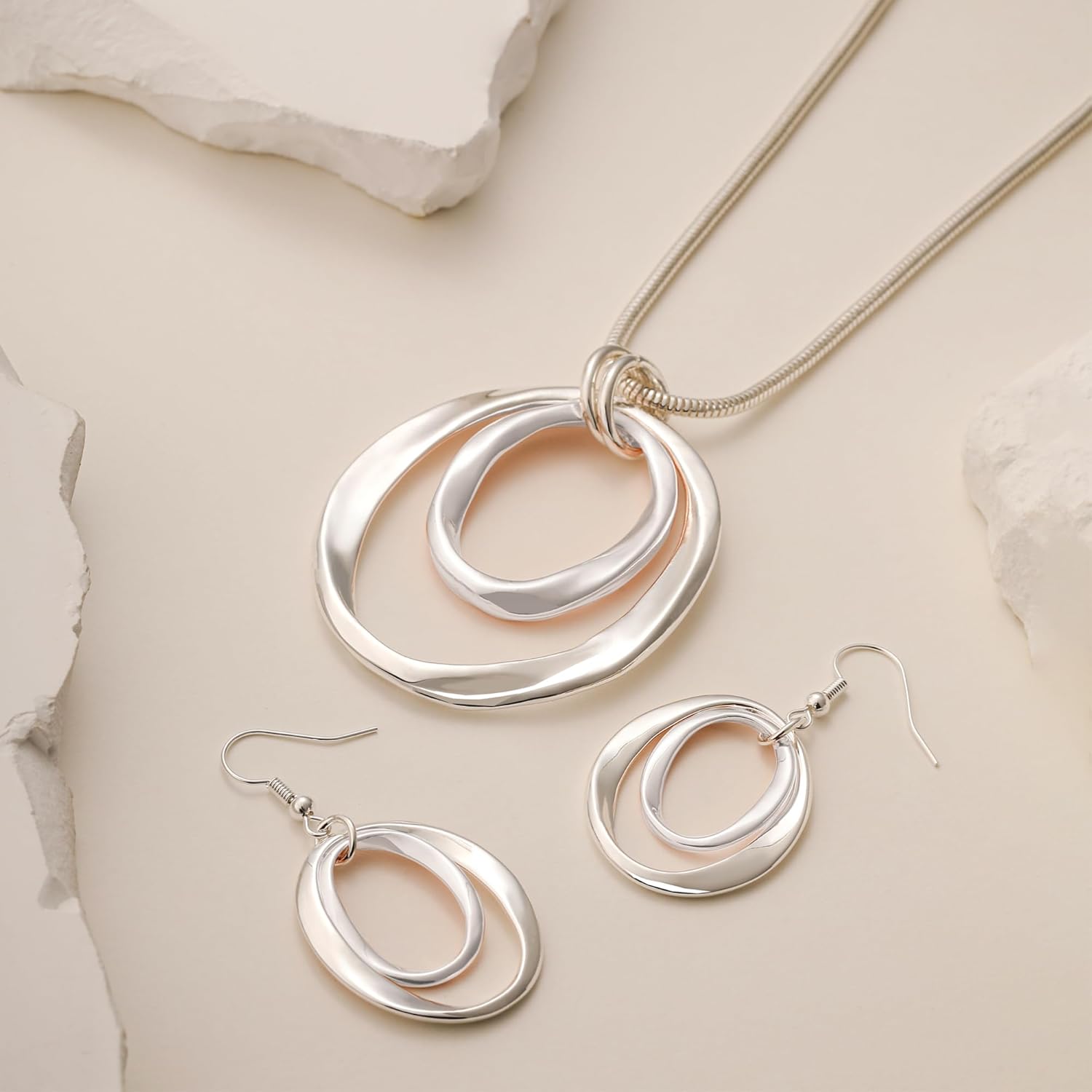 925 Silver Circle Earrings Necklace Set for Women - Hypoallergenic Dangle Earrings, Dainty Geometric Pendant Necklace, Boho Jewelry Set - Image 3