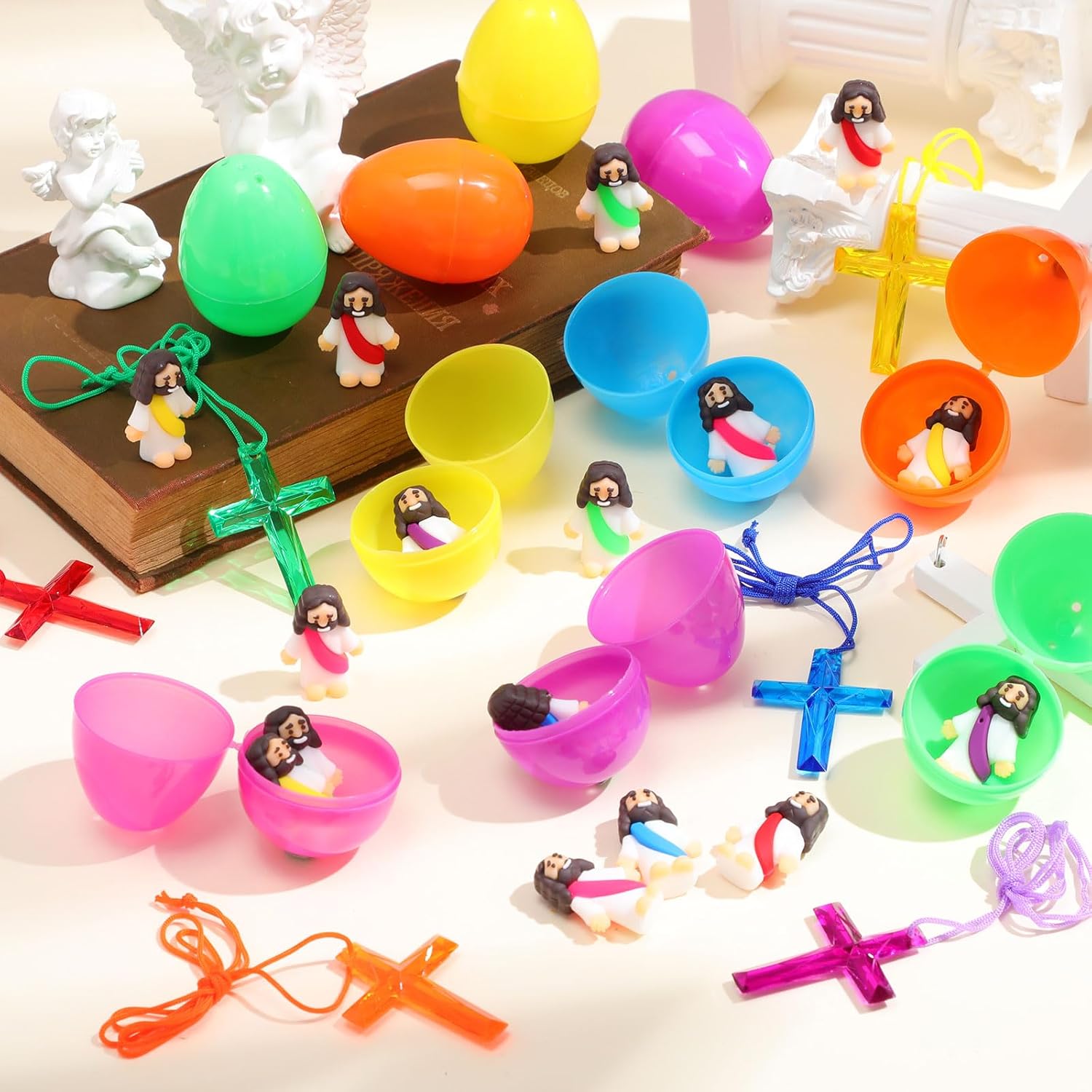 Barydat 144 Pcs Mini Jesus Figures 48 Fillable Easter Eggs 48 Crystal Cross Necklace 48 Little Figurine Jesus Tiny Gift Religious Pre Inside Easter Egg Stuffers Party Gifts(Solid Color Style)