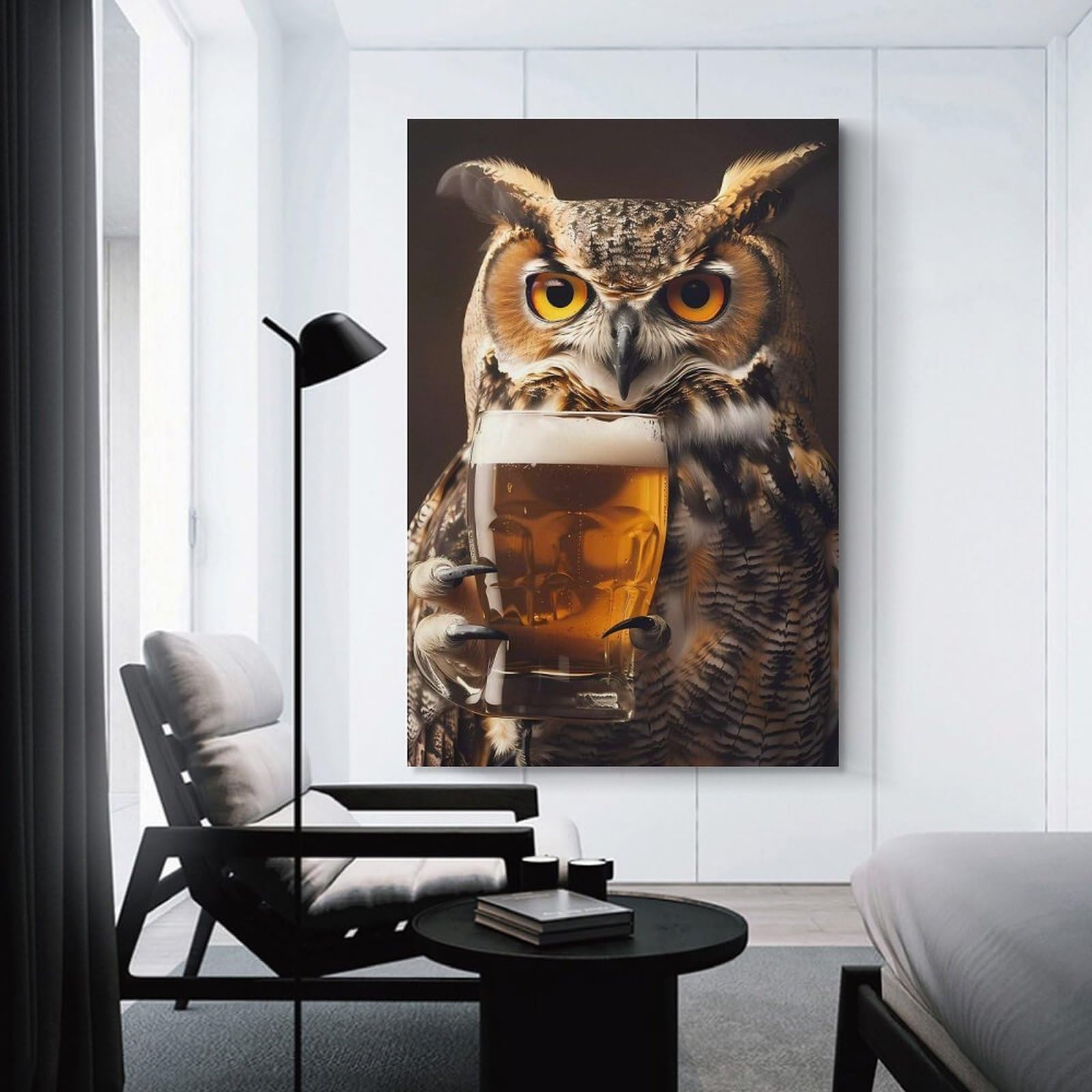 Junmoney Owl Beer Wall Picture Print 20x30inch(50x75cm), for Lounge Decor, Offices Or Entryway Styling, Versatile Wall Decor for Many Rooms