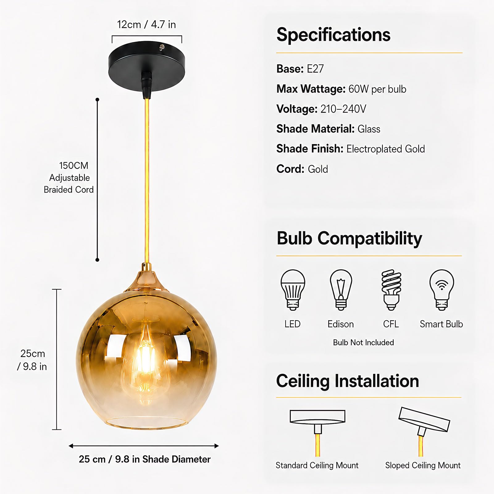 Lampada a Sospensione in Vetro Vintage Globo in Vetro Sfumato E27 Cavo Intrecciato Regolabile 150cm Lampadario a Sospensione per Isola Cucina Sala da Pranzo Camera Caffè (Dorato, 25cm)