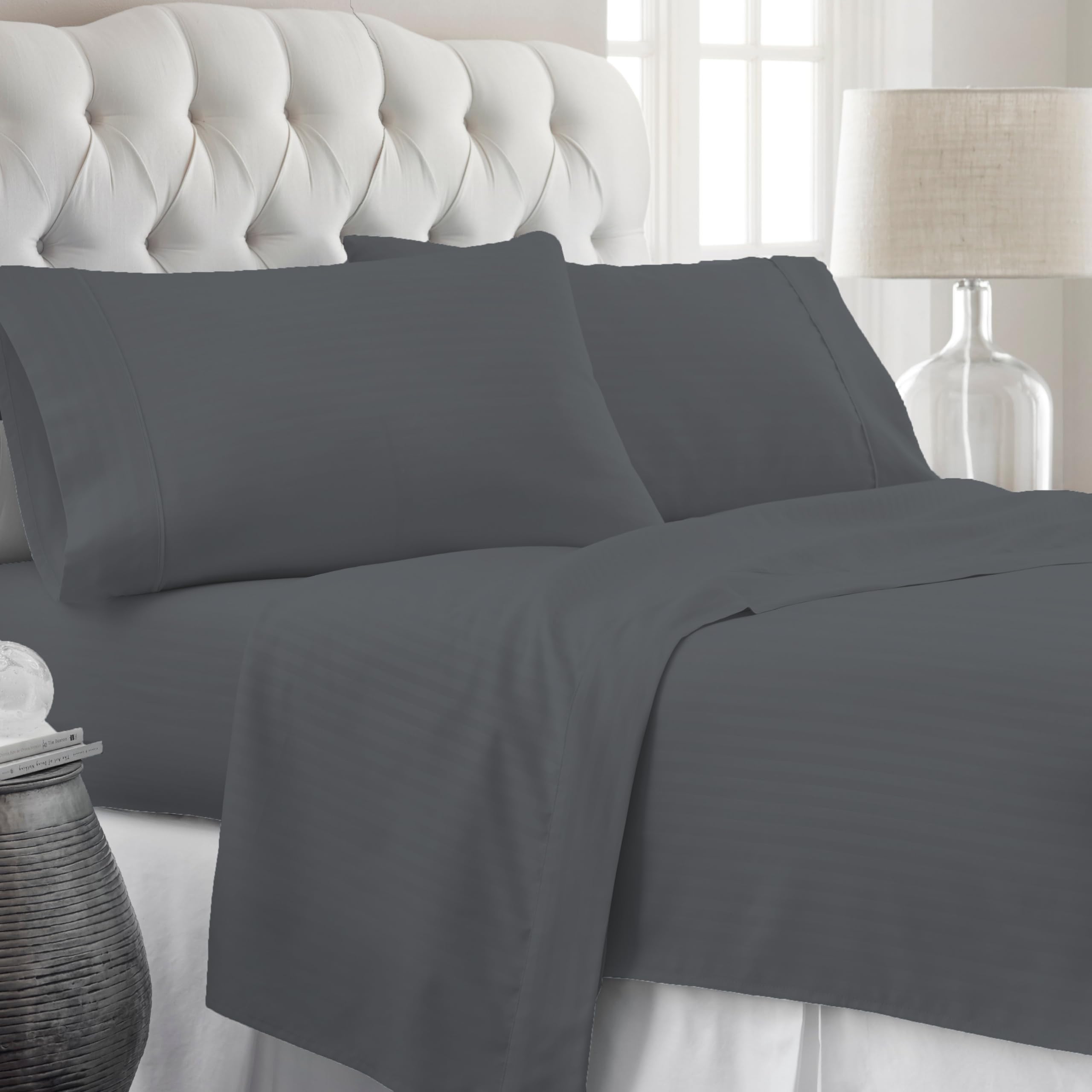 Knight Kavalier 100% Cotton 3 PCs Bedsheet- Single Bed Sheet Set- Premium Satin Finish 400 Thread Count Flat Sheet Set- Durable, Breathable, Luxury Feel, Hotel Style Set- Dark Grey Striped (B0CRF87C1J) Amazon Price History, Amazon Price Tracker