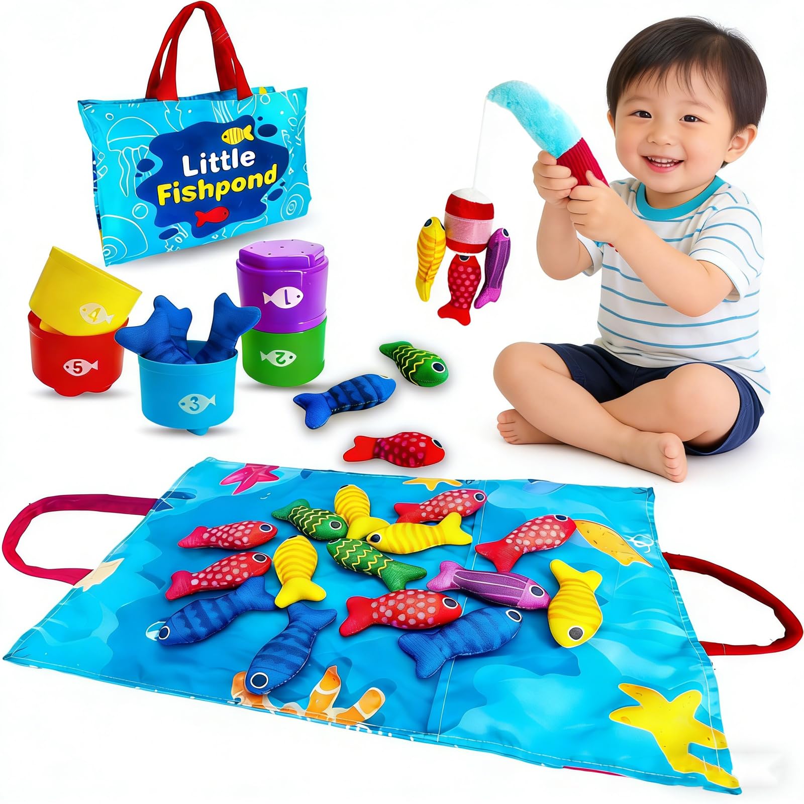 fixash モンテッソーリ 知育玩具 布製釣りおもちゃ 男の子 女の子 22 in 1 子供用 知育布製釣りおもちゃ 釣りゲームセット 型はめ 形合わせ 早期開発 指先訓練 入園お祝い 子供の日 誕生日 新年ギフト プレゼント ギフト 積み重ねカップ付き 数える 色分け 形の認識を学べる 男の子 女の子に人気 (ブルー)