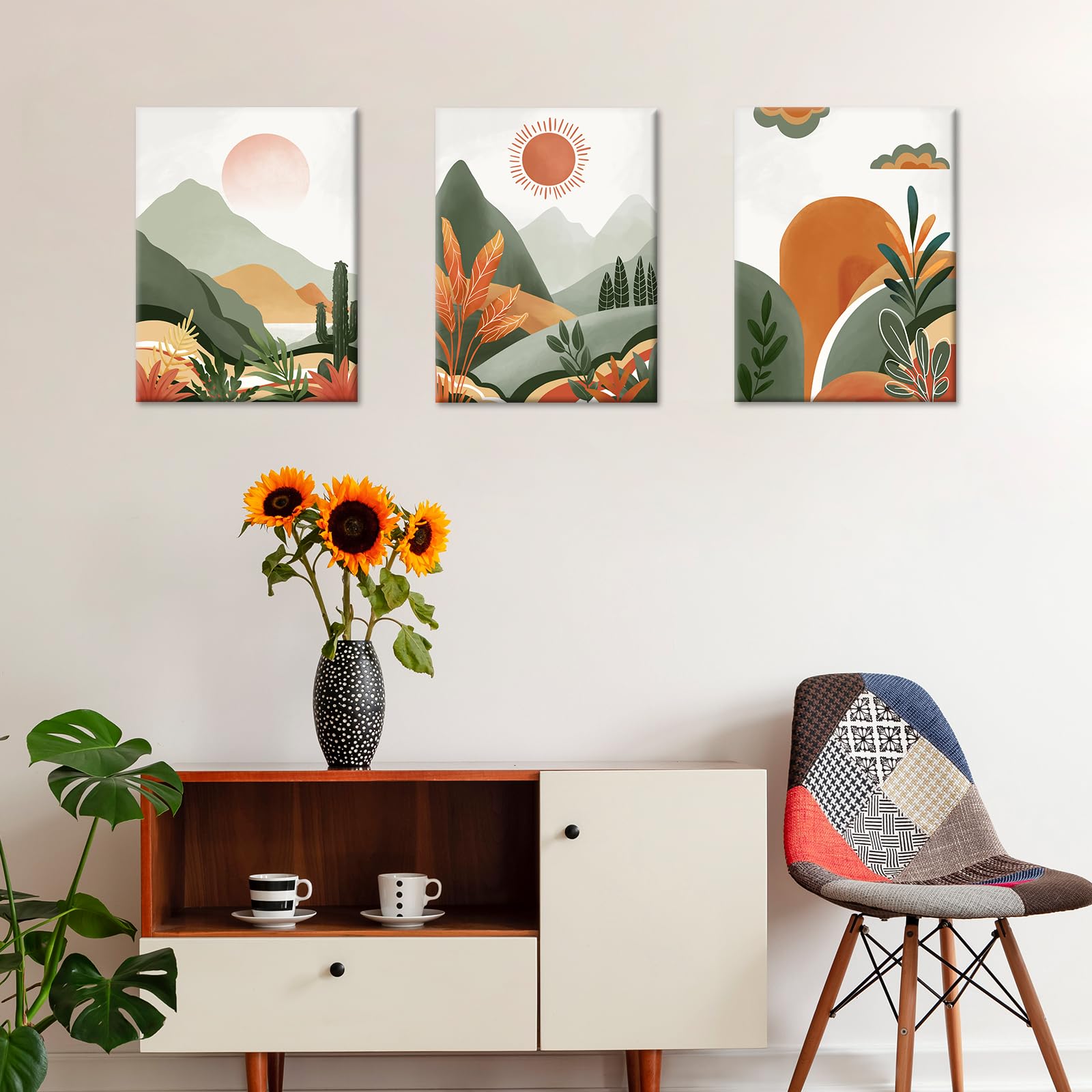 3 Pcs Wooden Framed Canvas Wall Art Canvas Prints Bohemian Desert and Sun Painting Green Mountains Plants Floral Pictures for Living Room Bedroom Bathroom Hallway Stairs Wall Decor 40x60 cm x3pcs - Image 2