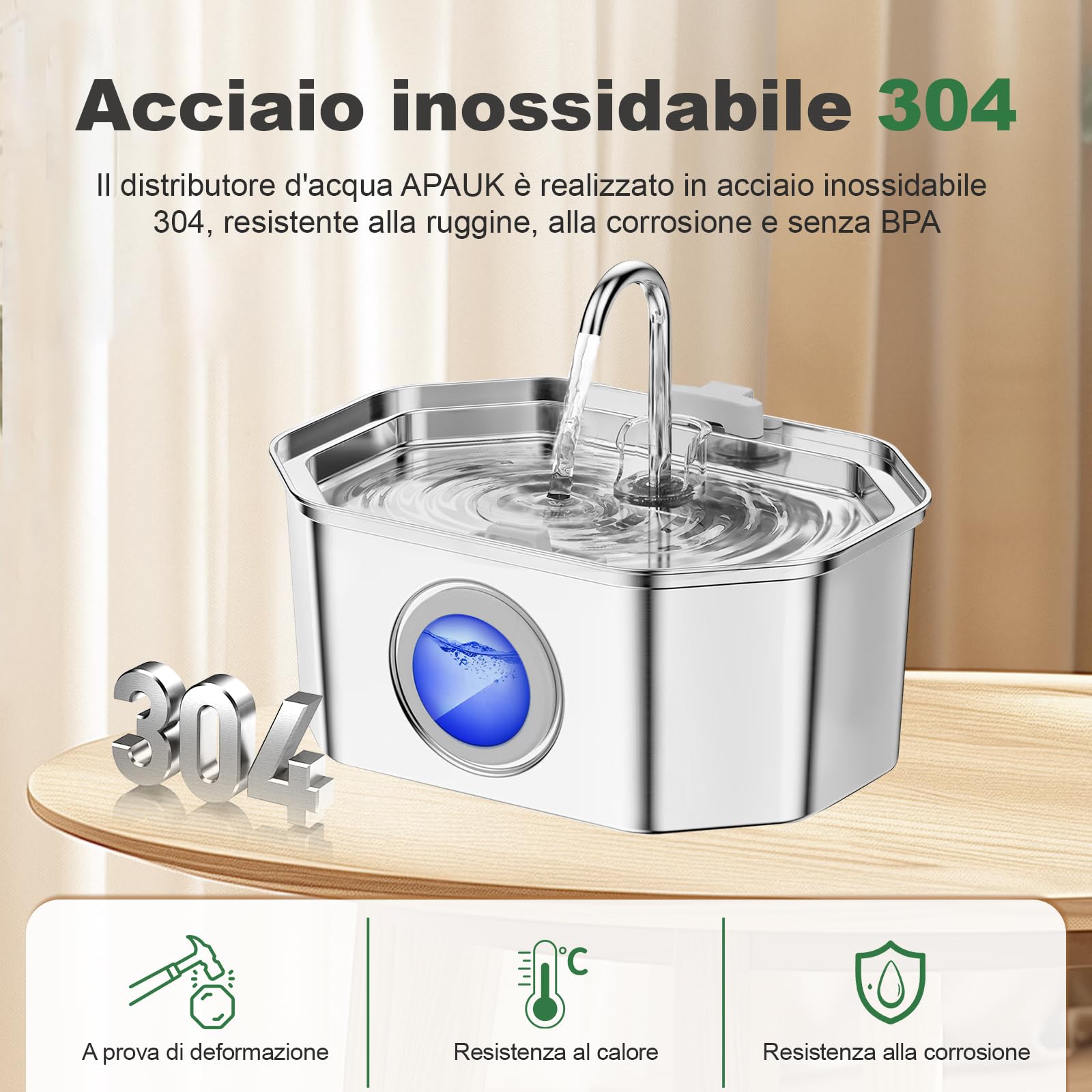 Fontanella per gatti,Apauk 3.2L fontanella per gatti acciaio Inox, Ultra silenziosa,con finestra LED, sistema di filtraggio multistrato (con 6 filtri & 6 spugne S)